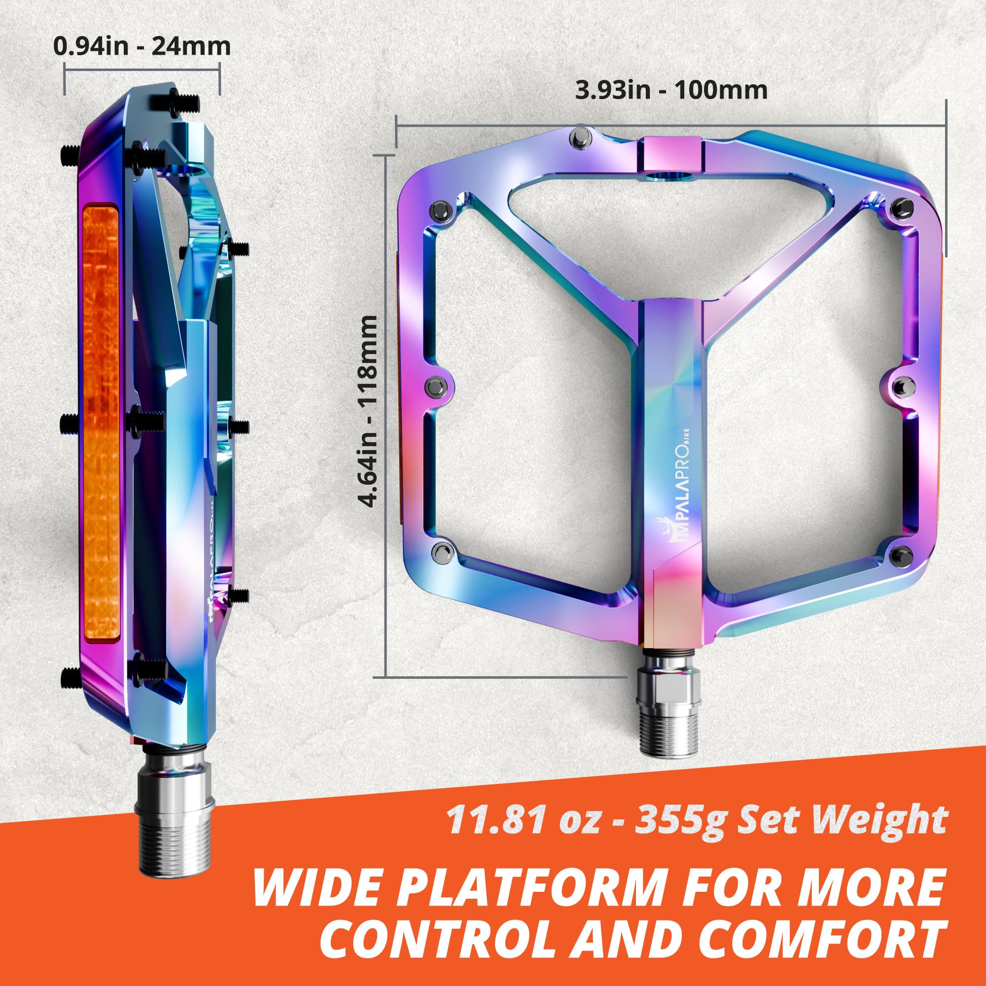 IMPALAPRO Pedali Bici Flat con Riflettori in Alluminio CNC 9/16” – Pedali MTB Flat con Ampia Piattaforma e Pin Antiscivolo Rimovibili – Pedali Bici Corsa Leggeri 355 g