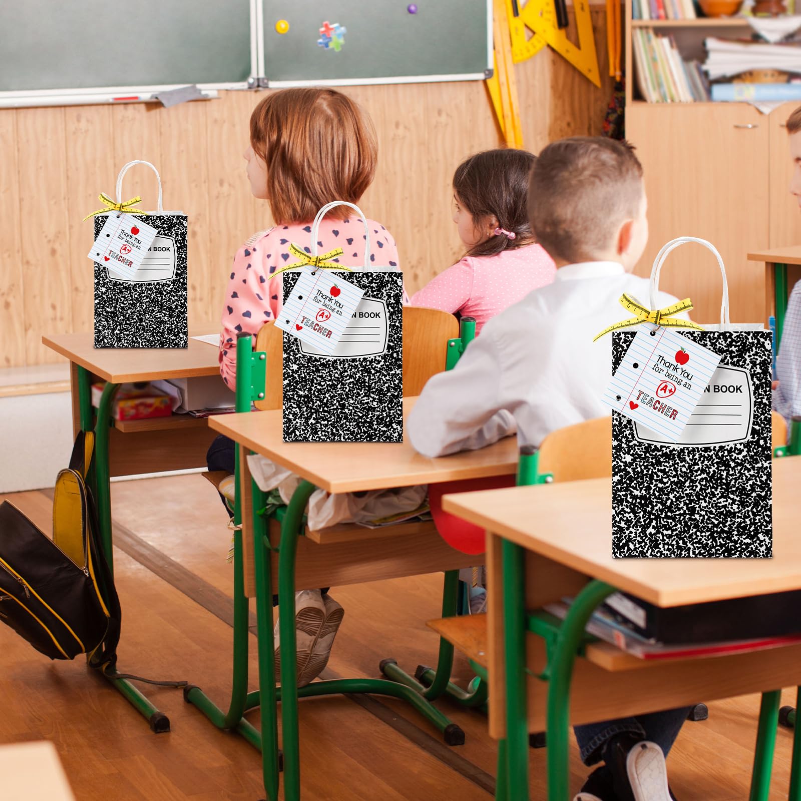 Gilprop 12 Pcs Teacher Appreciation Gift Bags with Paper Tag Thank You Teacher Gift Bags with Handle End of Year Gifts with Tape Measure Ribbon for Graduation Party Favor (Composition Book,Main black)