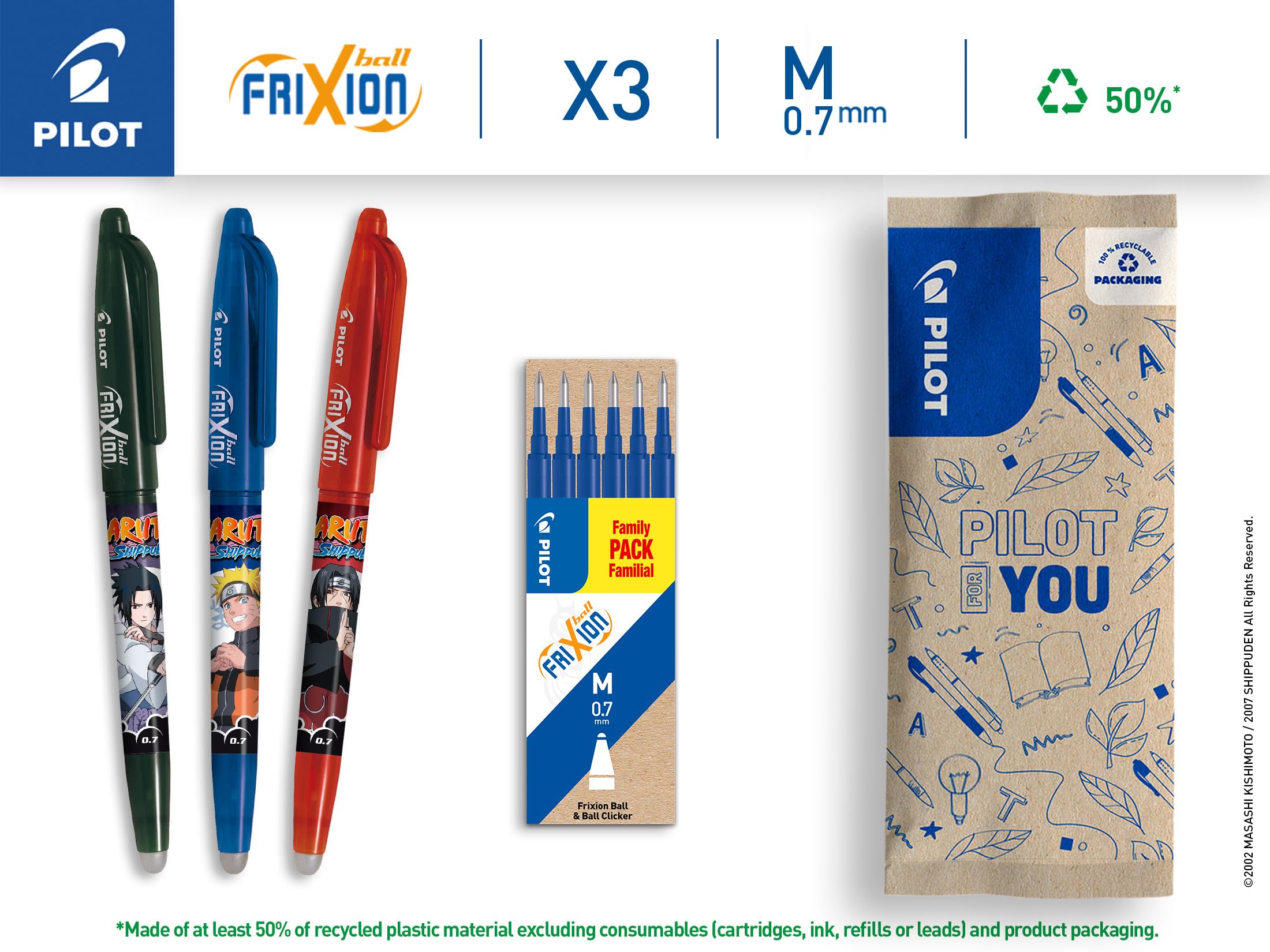 Stylo Effaçable PILOT FriXion Ball Clicker Édition Naruto - Pointe 0,7mm - Rechargeable - Design Collector