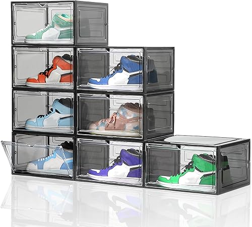 Miniatura 11 de Caja de zapatos transparente apilable de plástico mejorado, paquete de 6 cajas de almacenamiento de zapatos, organizador con puerta magnética grande
