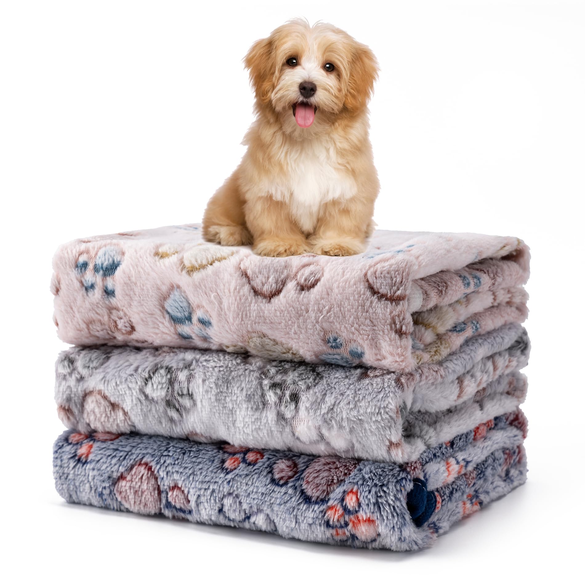 Photo 1 of 1 Pack 3 Blankets Fluffy Premium Fleece Soft Pet Blanket Flannel Throw for Cat Dog Puppy (Medium 30x20'', Paw-Beige/Grey/Navy)