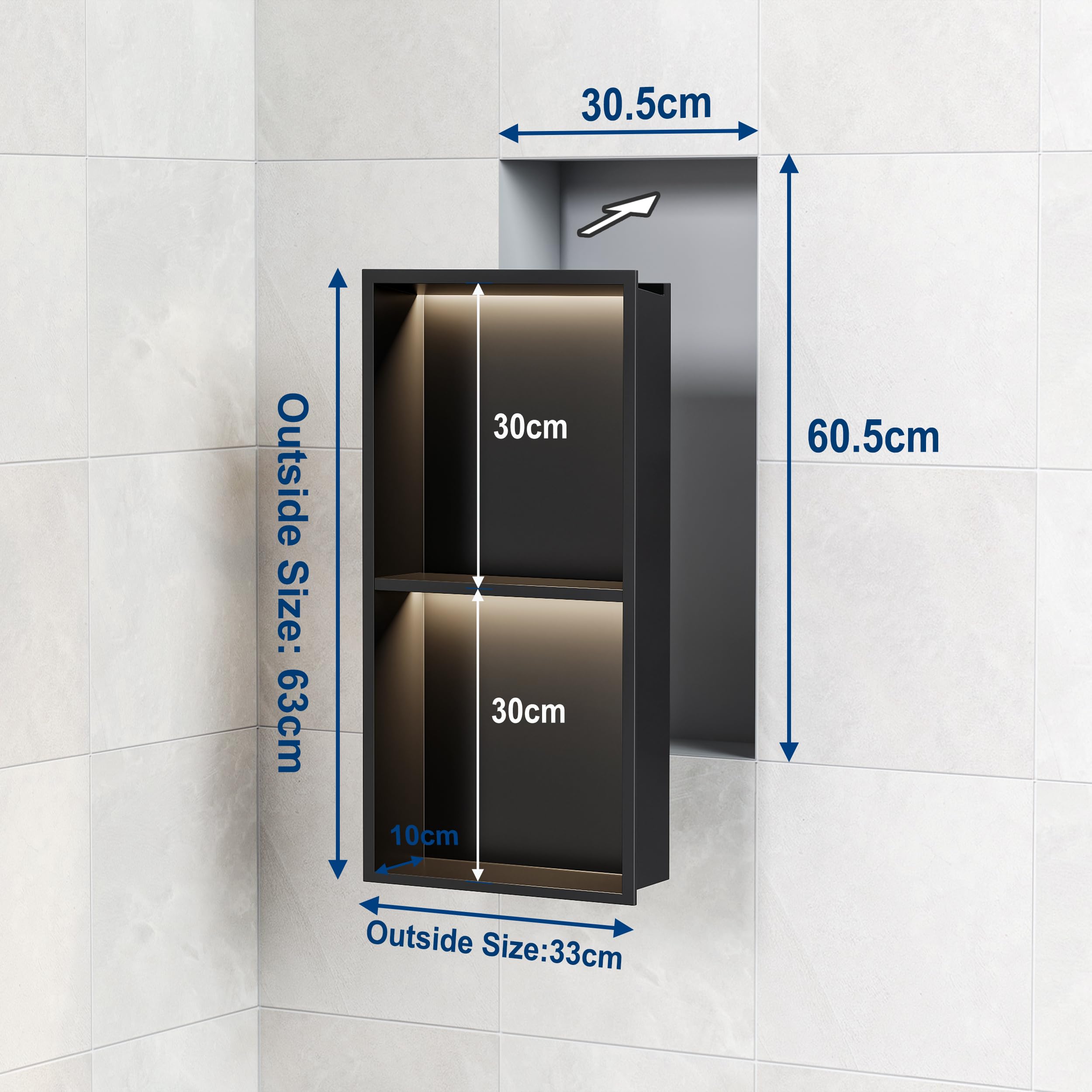 Ducha de pared de acero inoxidable con luz LED RGB, doble nicho de ducha negro con mando a distancia, 20 modos de iluminación IP68, almacenamiento para baño, 60 x 30 cm