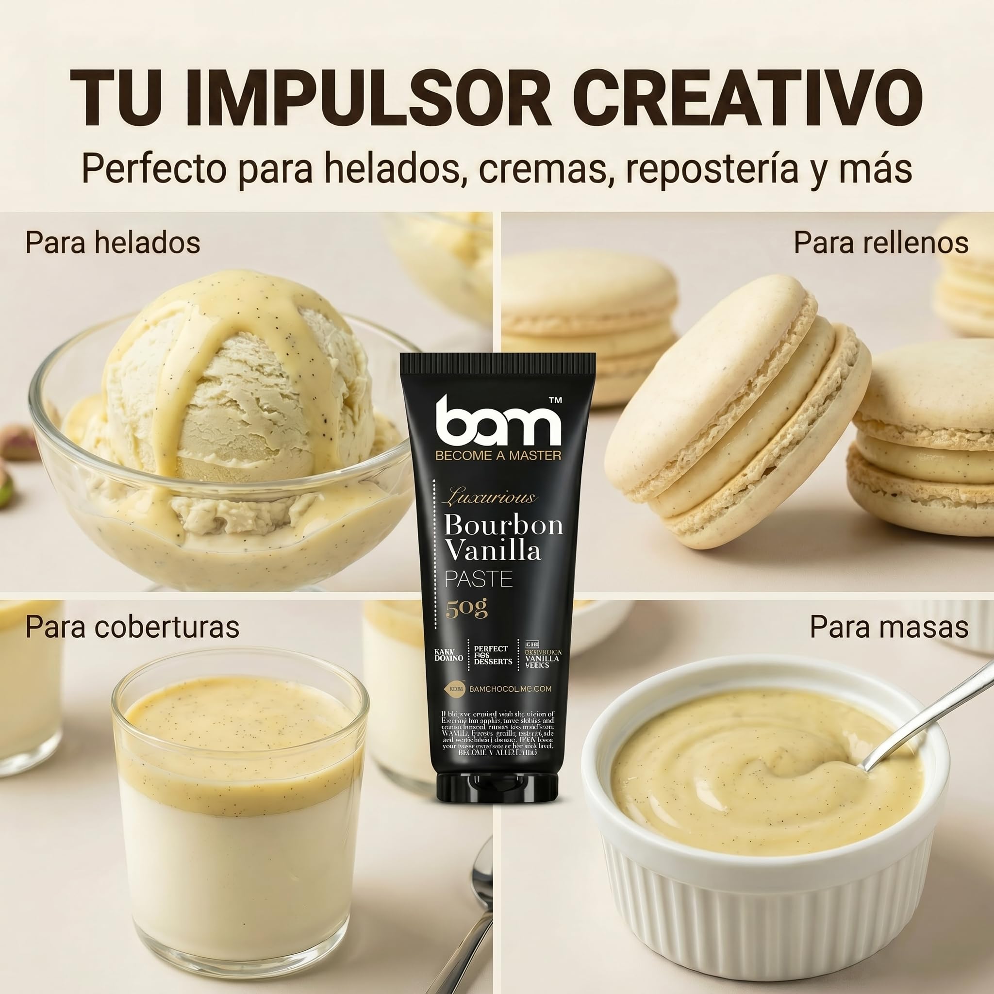 BAM Pasta de Vainilla en Tubo, 50 g – Extracto de Vainilla Bourbon de Madagascar con Semillas Naturales – sin Alcohol y sin Gluten