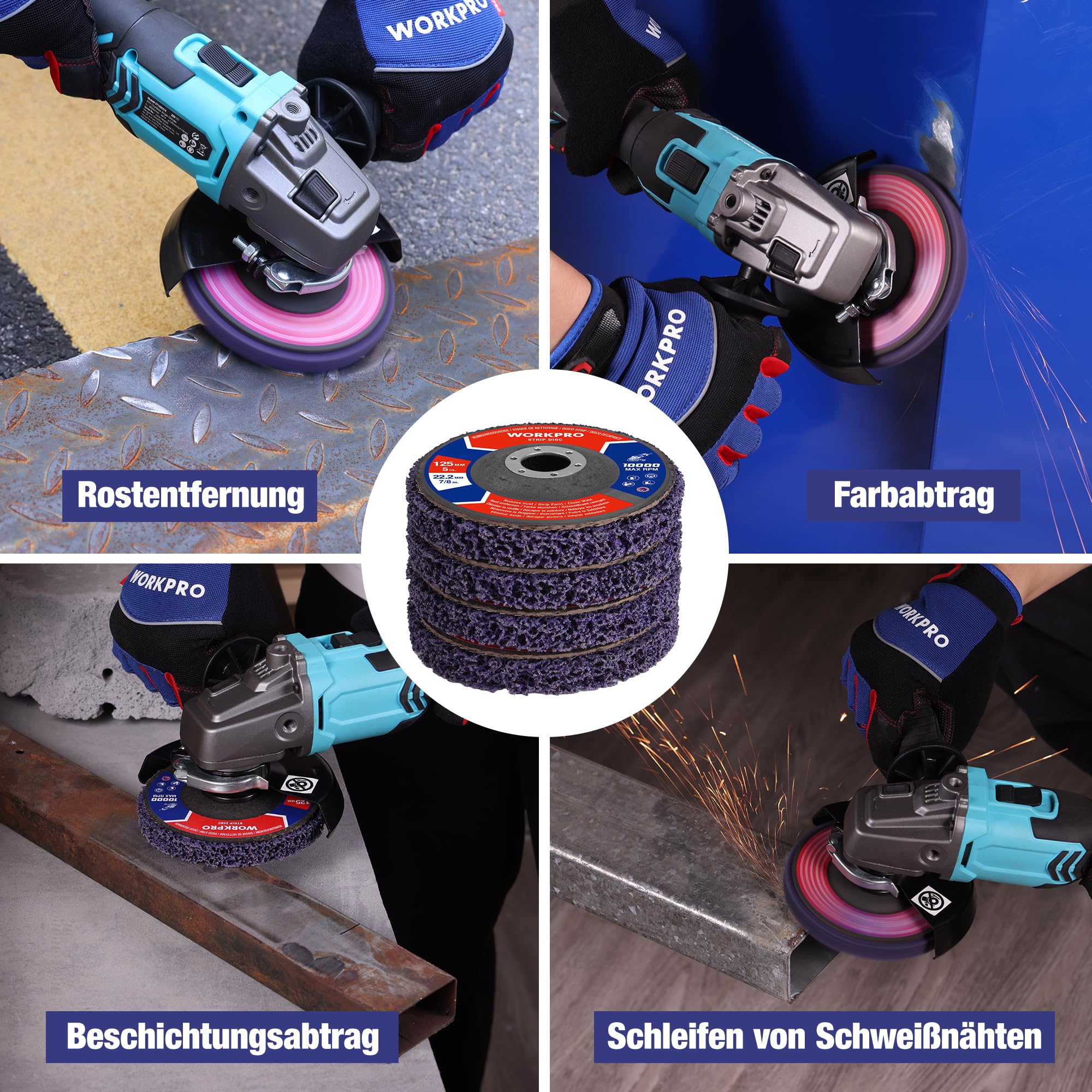 WORKPRO 6 Stück CSD Scheibe 125 mm Schleifscheiben Set, Reinigungsscheiben für Winkelschleifer zum Entfernen von Rost & Farbe, abrasive Winkelschleifer Scheiben zur Grobreinigung