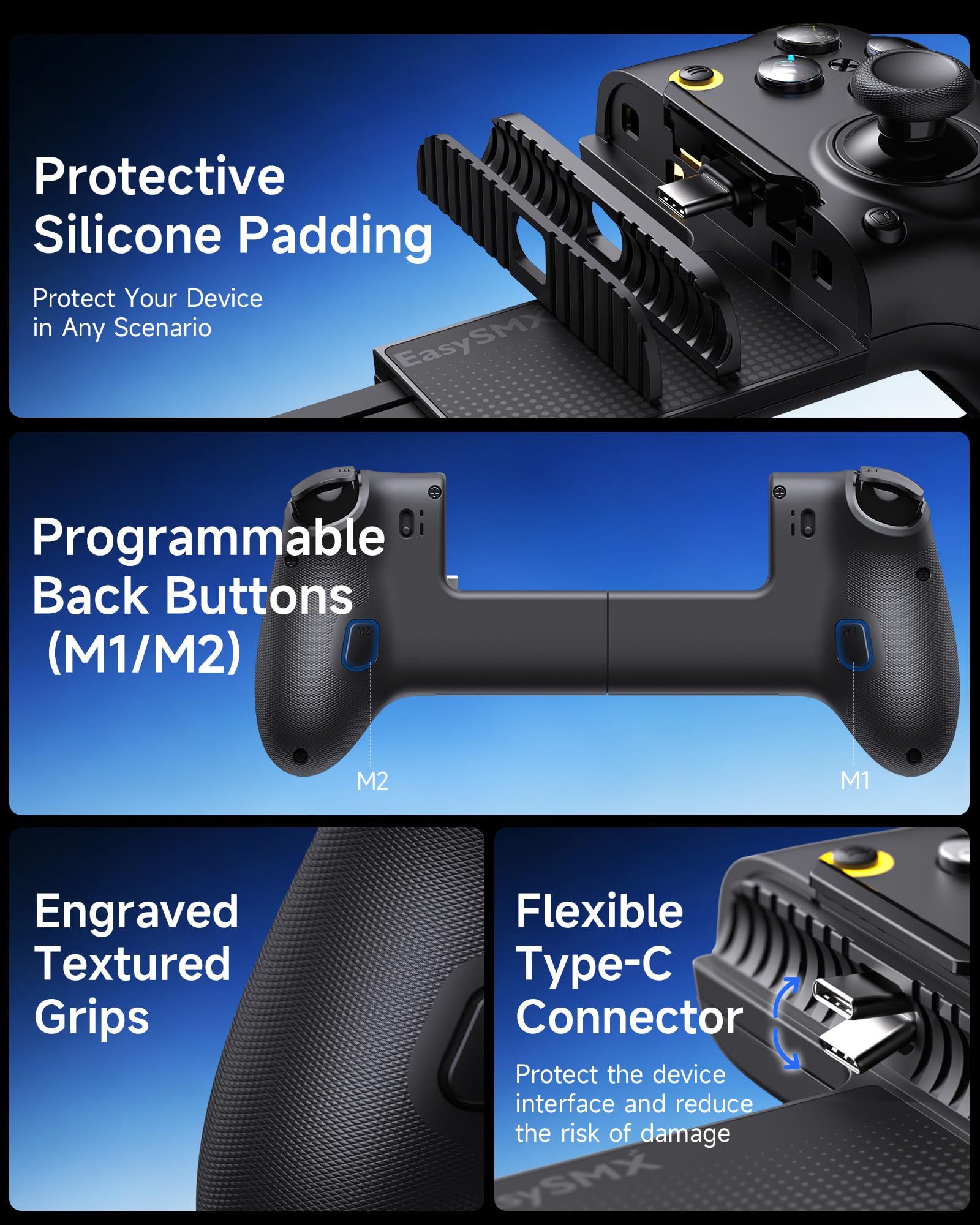 Controller mobile EasySMX M20 con USB-C per iPhone, smartphone Android e tablet 8,5", controller per smartphone con joystick a effetto Hall/grilletto a due stadi, doppi motori di presa