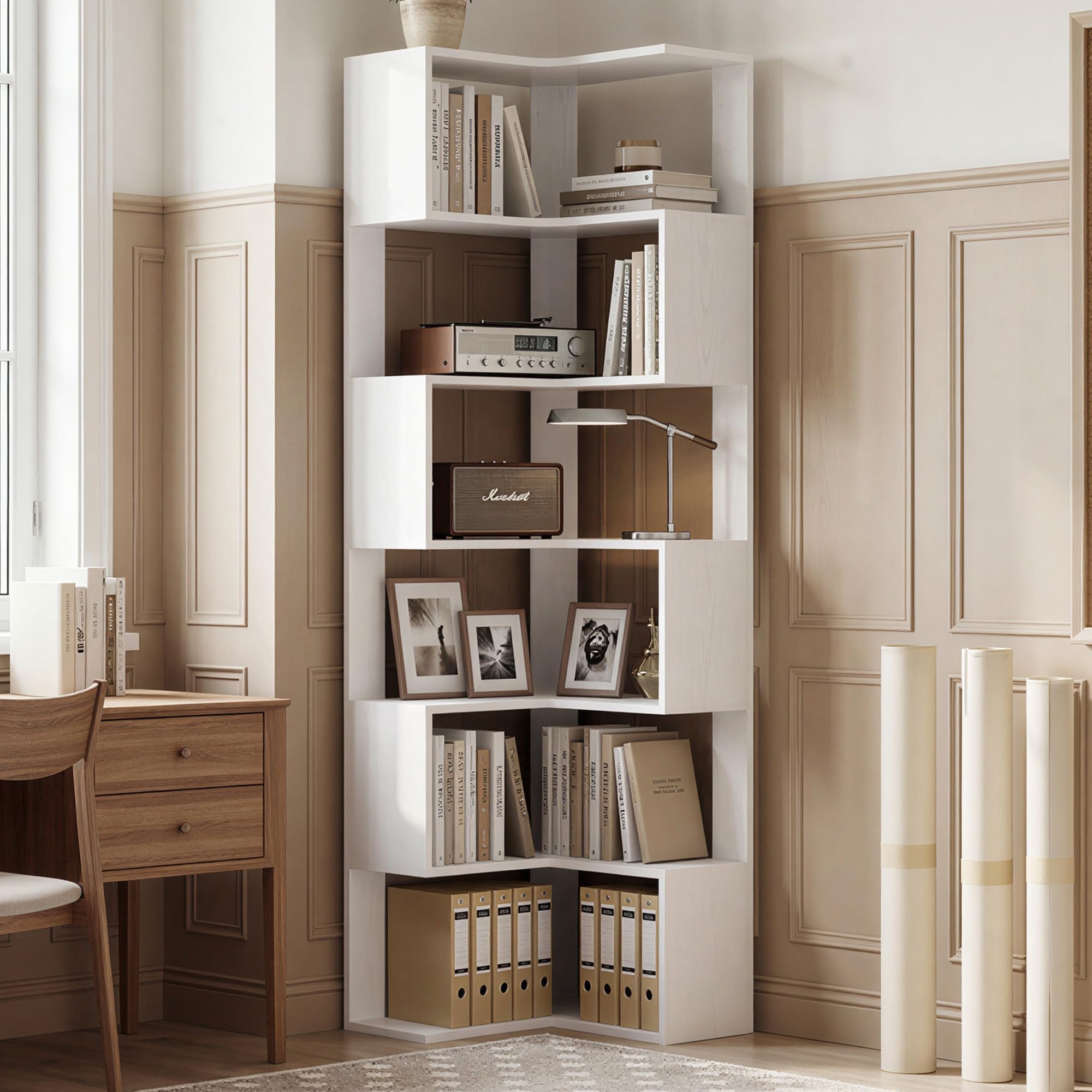 IRONCK Bücherregal 6 Ebenen Eckregal 204cm Hoch L-förmiges Standregal mit Schutzleiste, Holz offenes Regal & Aufbewahrungsregal für Wohnzimmer, Büro, Schlafzimmer, Weiß