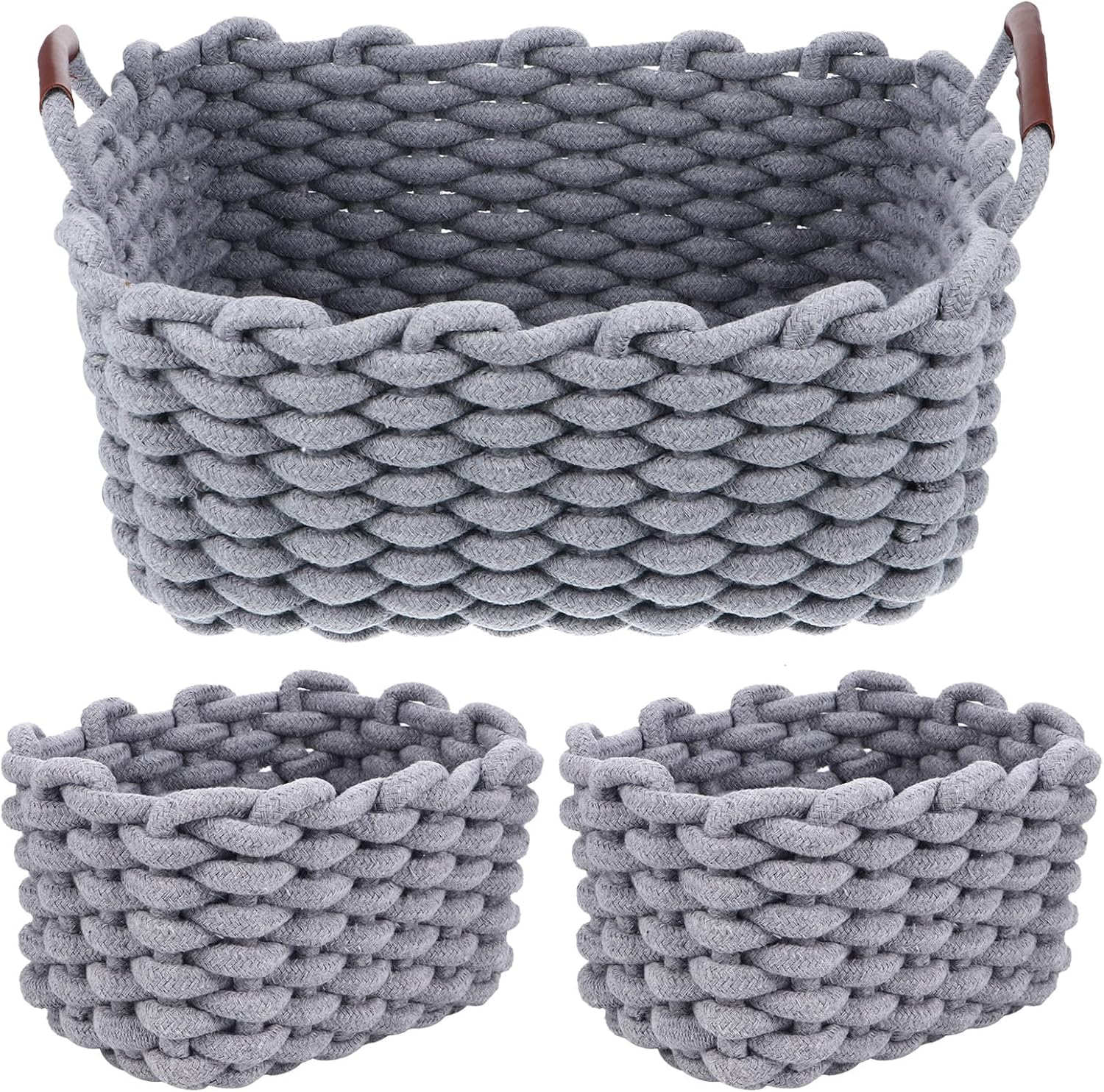 3pcs Nordic Style Gray Cotton Rope Storage Baskets, Portable Household Nesting Containers for Closet and Pantry Organization