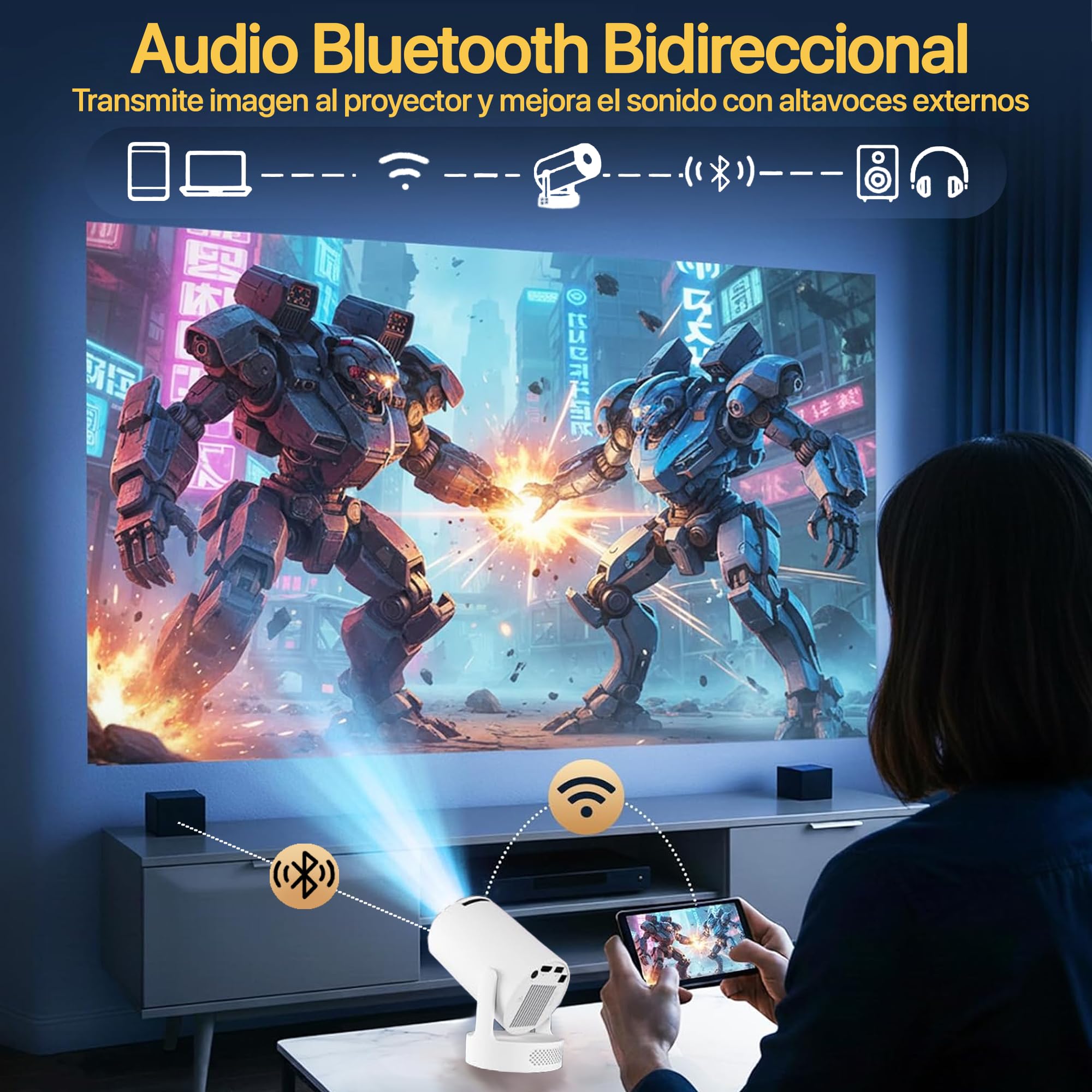 Proyector Portátil con Altavoz, 4k, WiFi, Bluetooth [Apps Integradas] Sistema Android 2026 Upgraded Mini Proyector de vídeo con Altavoz Integrado, Proyector Cine FullHD HDMI/portátil/móvil.