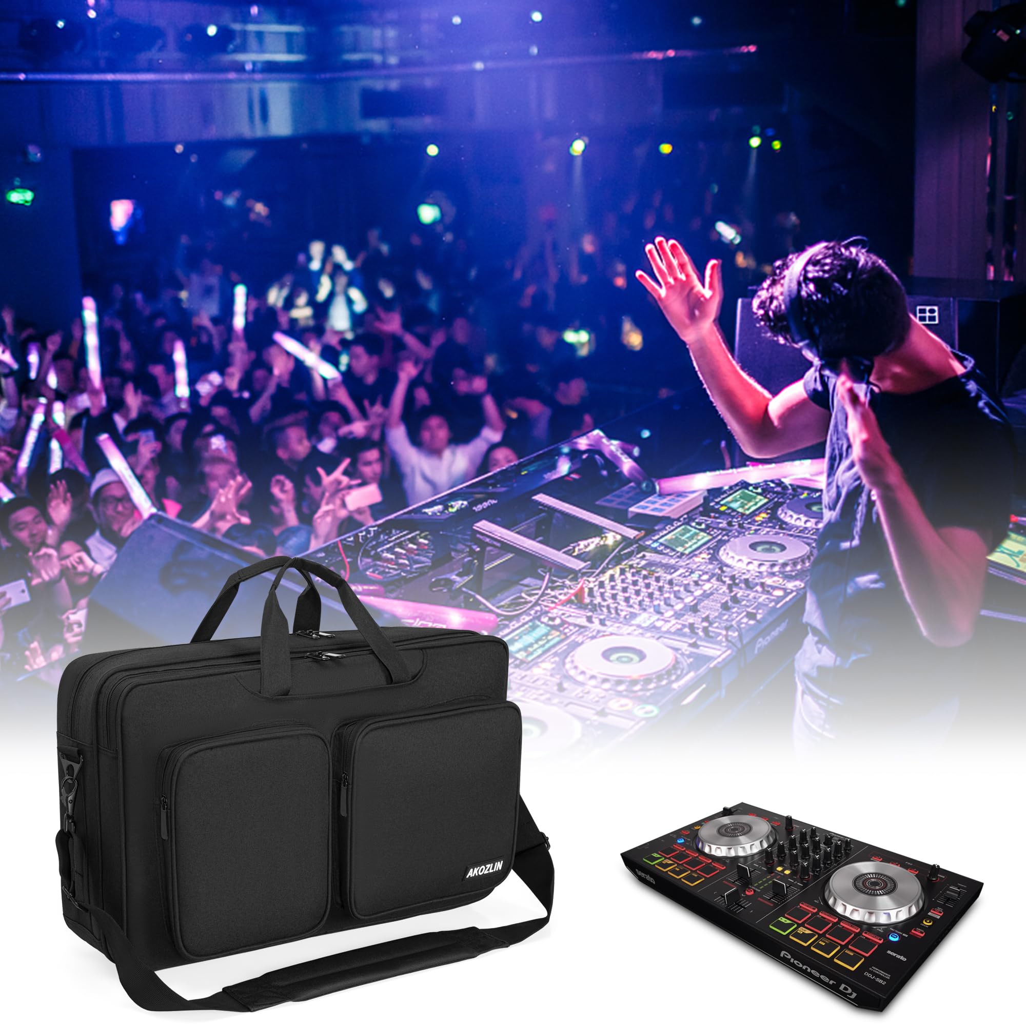 AKOZLIN Sacoche pour DJ, pour Pioneer DJ Lite DDJ-SB3/DDJ-SB2/DDJ-400/DDJ-RB, Organisateur pour contrôleur DJ, Sac de voyage pour contrôleur DJ, Sacoche de transport pour DJ avec bandoulière, FLX4