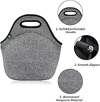 Vista 3 de LOVAC Lonchera de neopreno aislada para hombres, lonchera reutilizable, duradera e impermeable, suave y ligera (negro y gris)