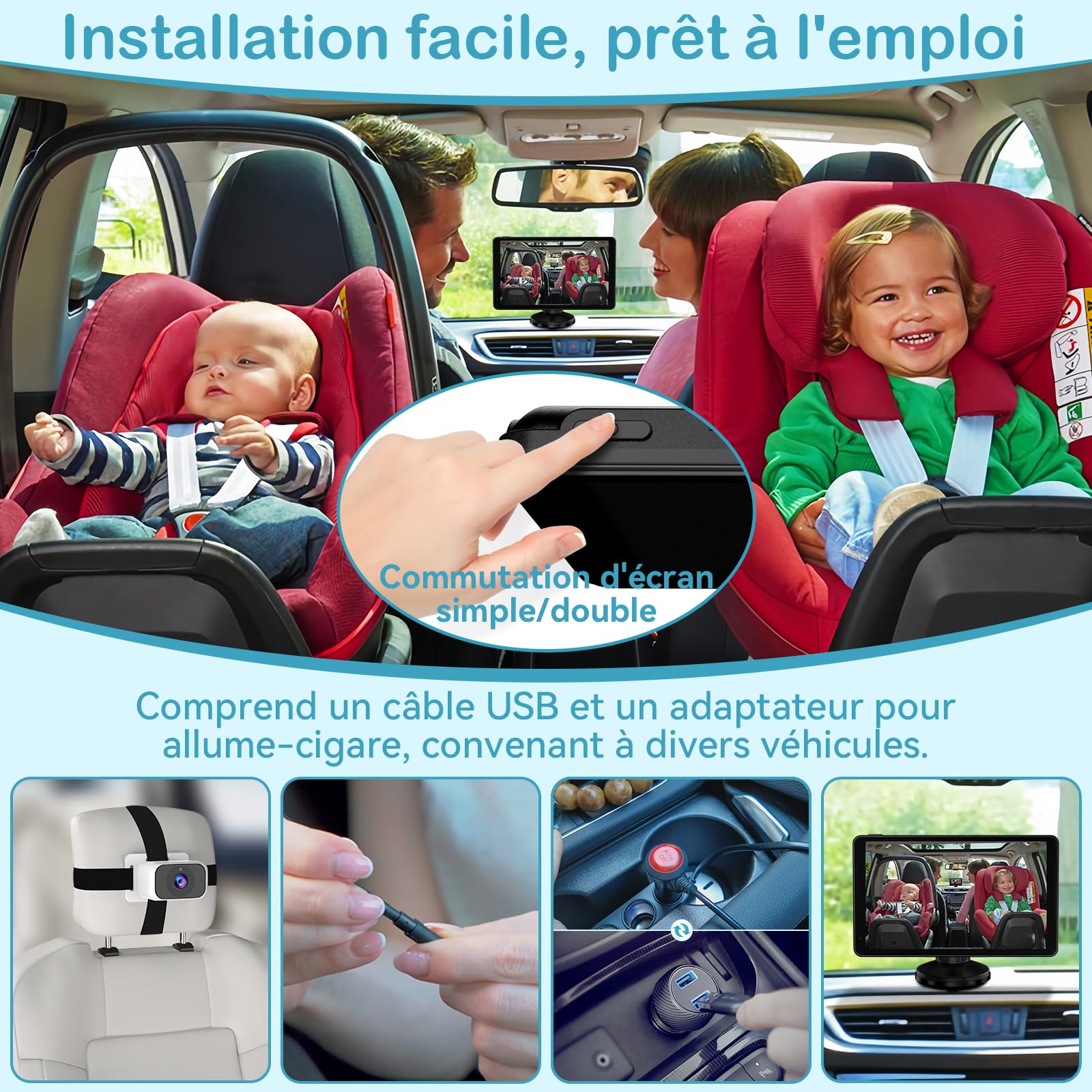 Caméra Voiture Bébé pour 2 Enfants : Écran IPS 7 Pouces avec Deux Caméras pour Siège Auto, Écran Partagé, Vision Nocturne, HD 1080P - Caméra Arrière Facile à Installer Tomoia