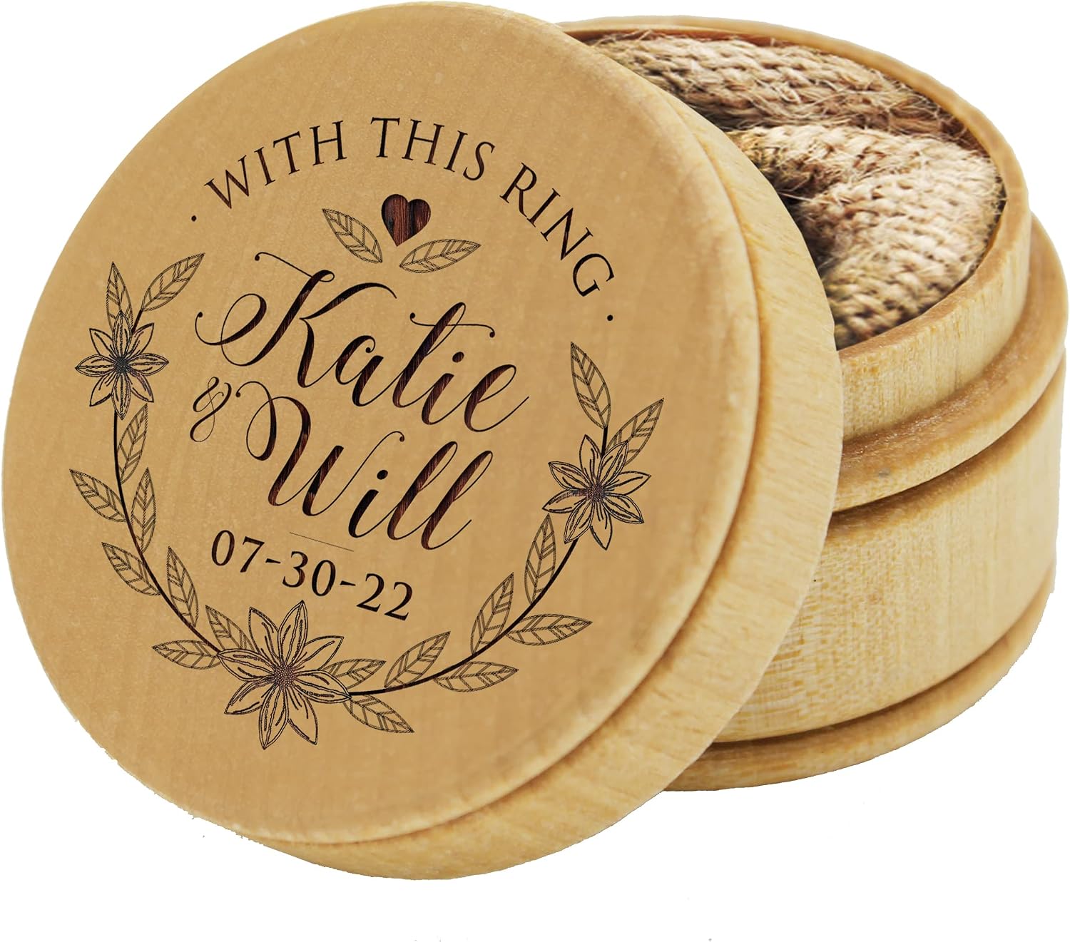 The Wedding Party Store, Custom Engraved Ring Box Holder - Personalized Rustic Round Wood Ring Bearer Wedding Box