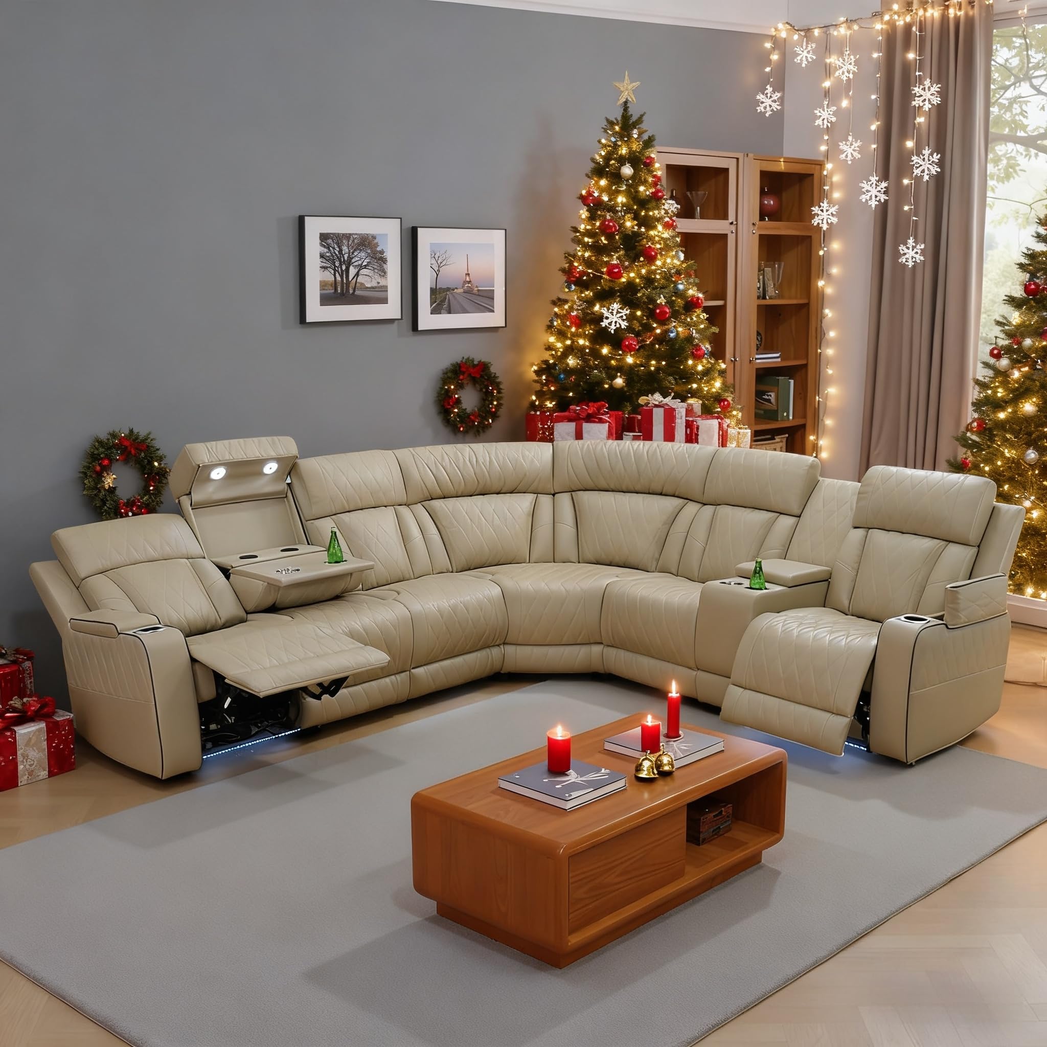 Power Leather Reclining Sectional (Beige)