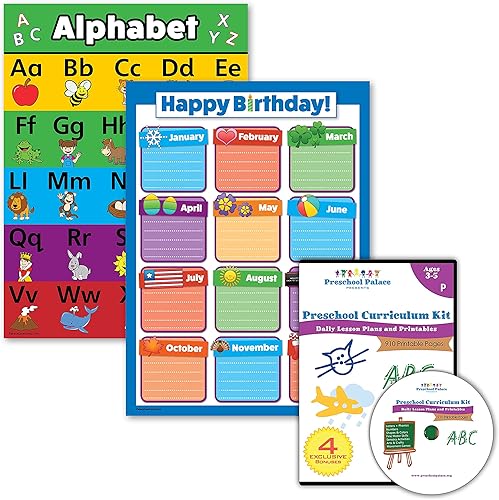 Palace Learning Paquete de 3 Kit de plan de estudios preescolar en CD y alfabeto ABC y calendario de cumpleaños (laminado, 18 x 24 pulgadas)
