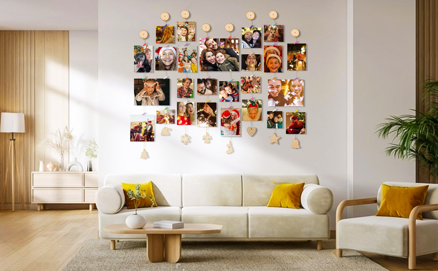 Porte-photo Bois IULONEE Cadre Photo Mural Bois Avec 30 Clips - Porte-Photo DIY Pour Décoration Murale (Brun) Porte Photo Avec Clips