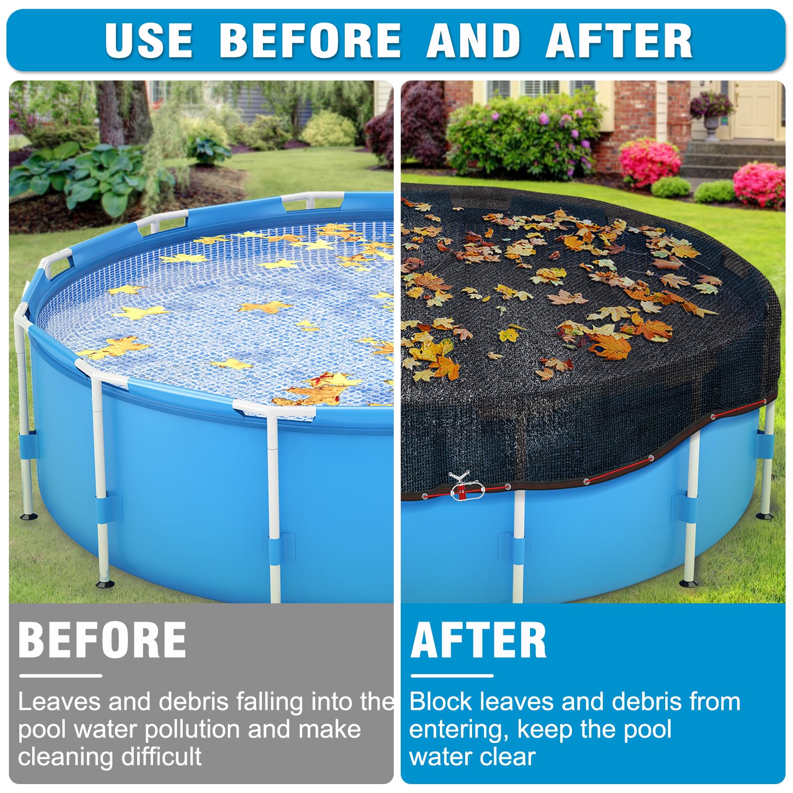 Bâche ronde de 7,6 m pour piscine hors sol, bâche de sécurité noire durable en maille avec treuil, câble avec treuil et câble pour feuilles et débris pour piscines rondes de 7,3 m