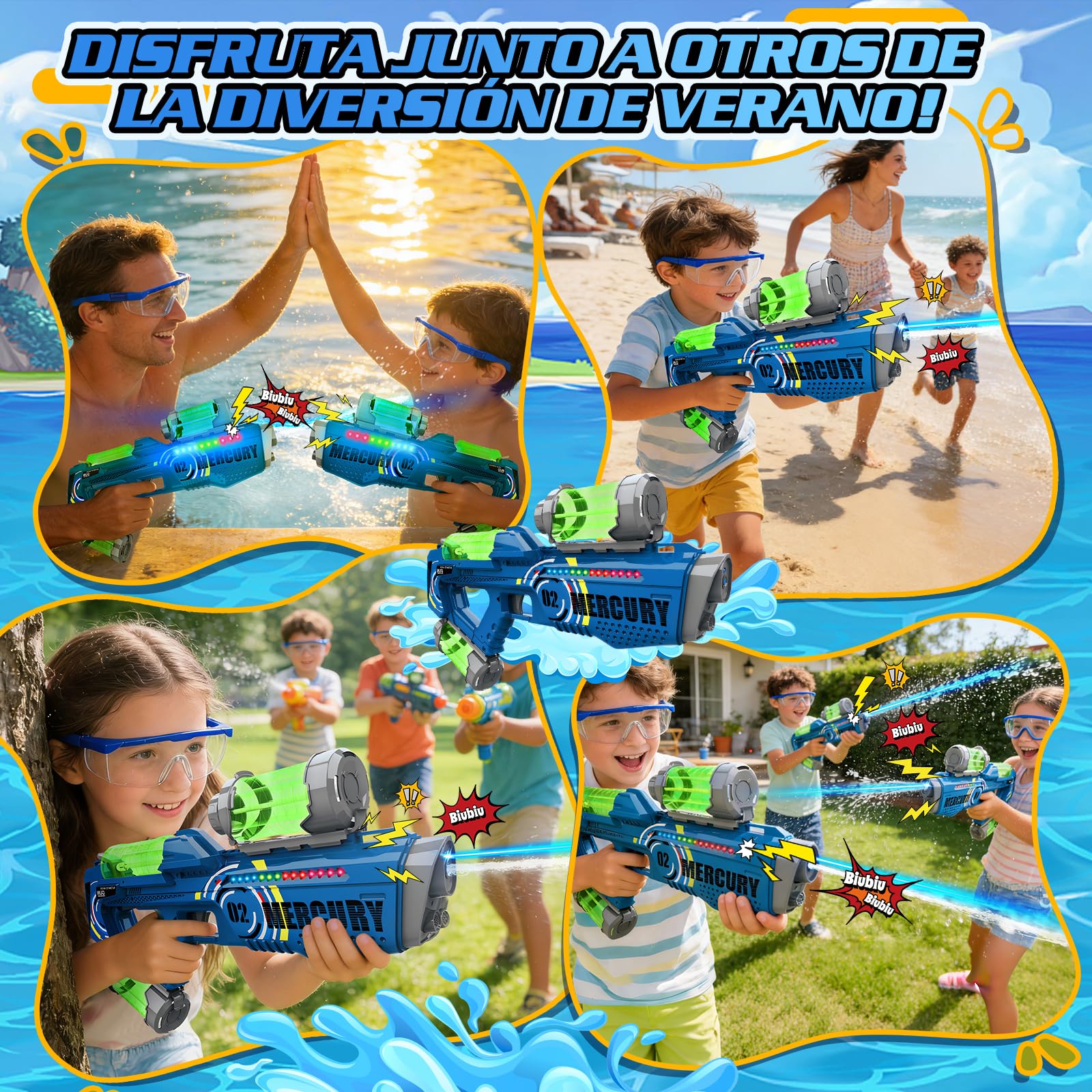 FORMIZON Pistola de Agua Eléctrica, Pistola de Agua de Largo Alcance con Luces y Efectos Musicales, Pistolas de Agua Automática para Niños y Adultos Verano, Playa, Piscina