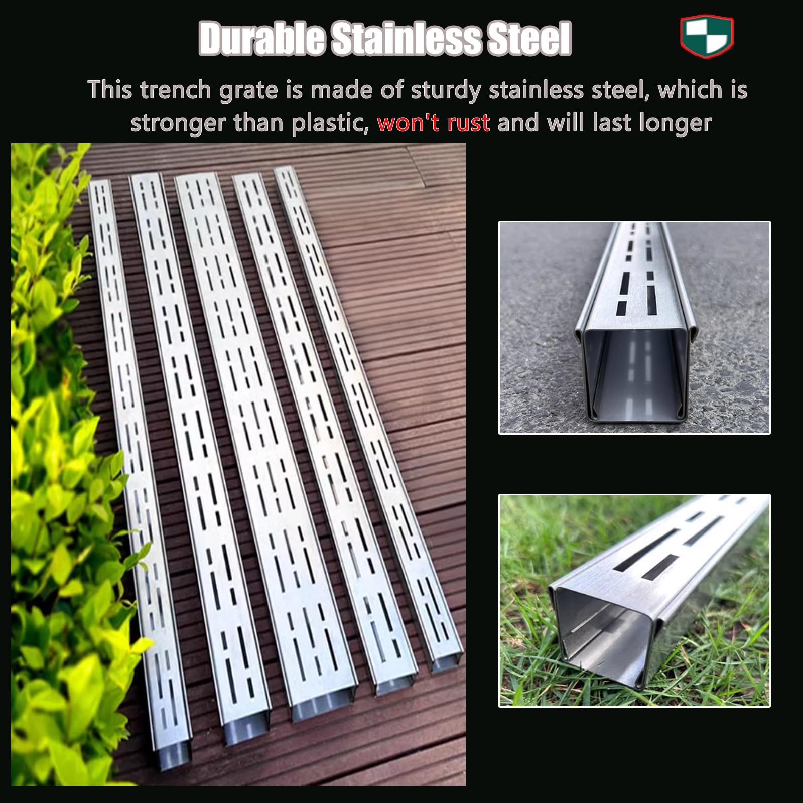 Paquete de 10 Cubiertas de Rejilla de Drenaje de Zanja de Acero Inoxidable, Rejillas de Drenaje rectangulares Negras de 99 cm de Largo para Canales Estrechos en Exteriores, solución de drena