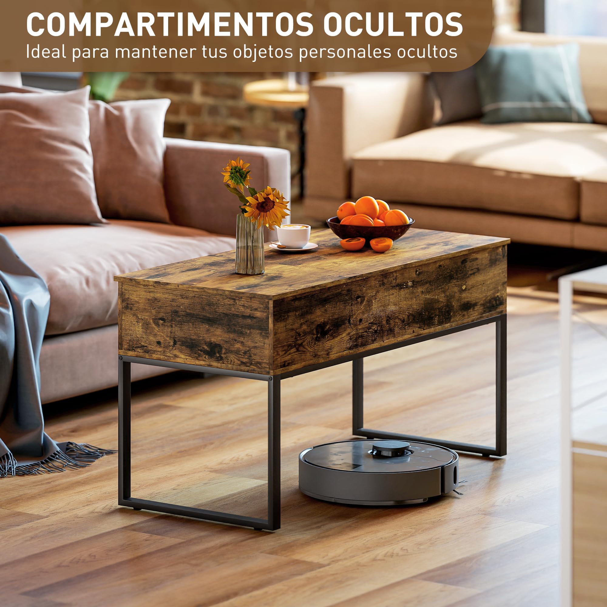 HOMCOM Mesa de Centro Elevable Cierre Suave 100x45x67 cm Marrón Rústico | Mesa de Café, Encimera Deslizante, Espacio Oculto de Almacenaje