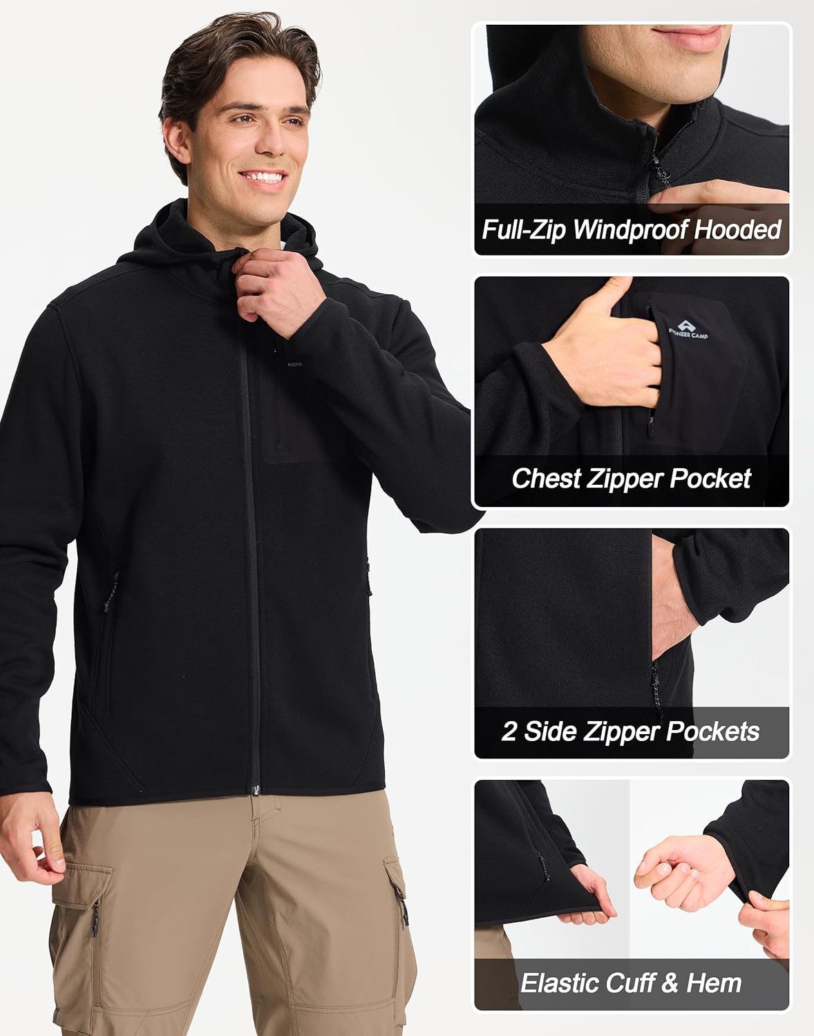 Pioneer Camp Men's Full Zip Fleece Jacket with Hood Chest Pocket Winter Warm Lightweight Outwear Coat Hiking Climbing Skiing - Image 5