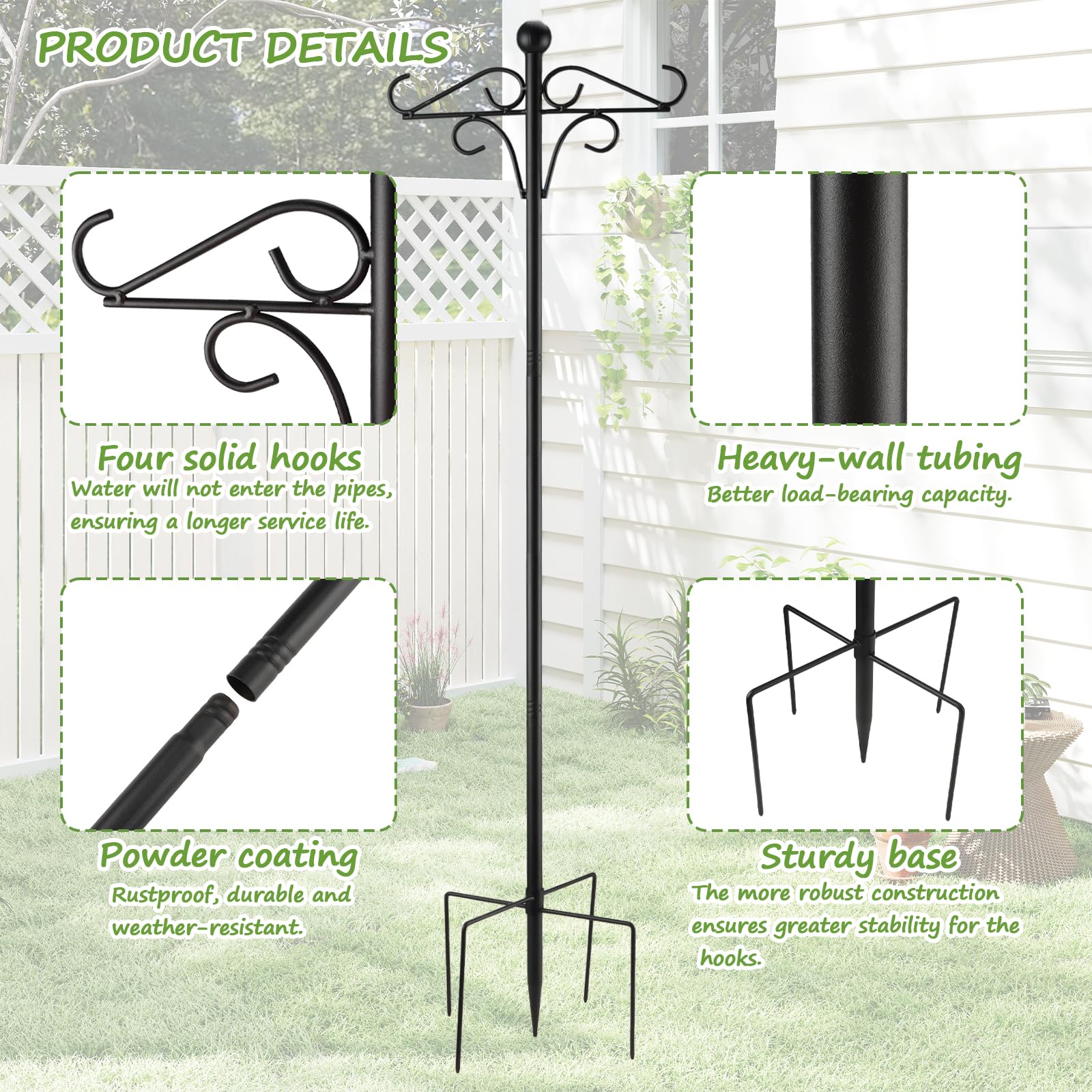 YiliYa Gancho de Pastor para Exteriores, 234cm Varilla de Metal para Jardín con Ganchos Estaca Jardín para Colgar Plantas, Linterna de Luz Solar, Decoraciones de Vacaciones, Comederos de Pájaros