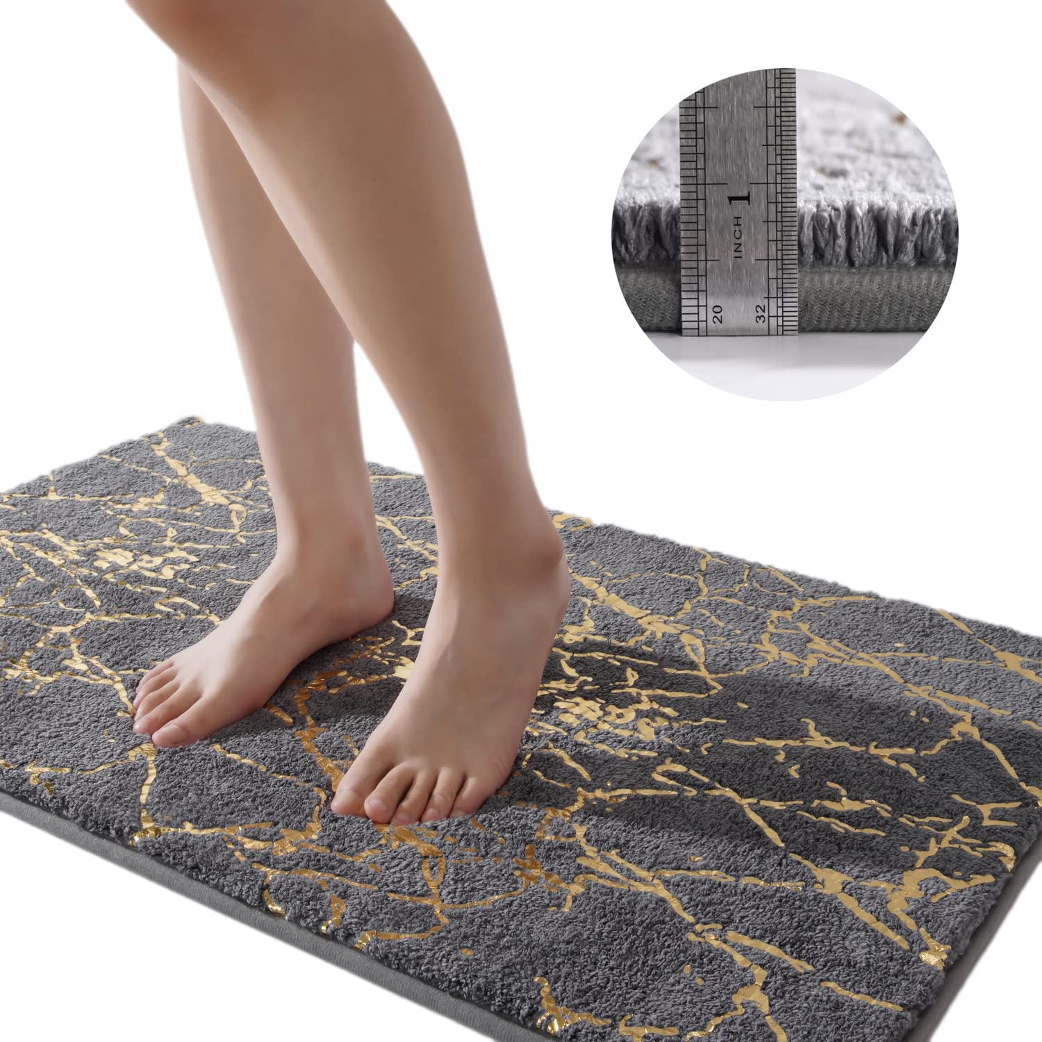QJHOMO Badematte rutschfest waschbar Badvorleger, grau Badezimmerteppich, Gold dekorativer Teppich Luxus Bad Accessoires, weich Mikrofaser saugstark Badteppich für Badezimmer Badewanne, 60 x 120 cm