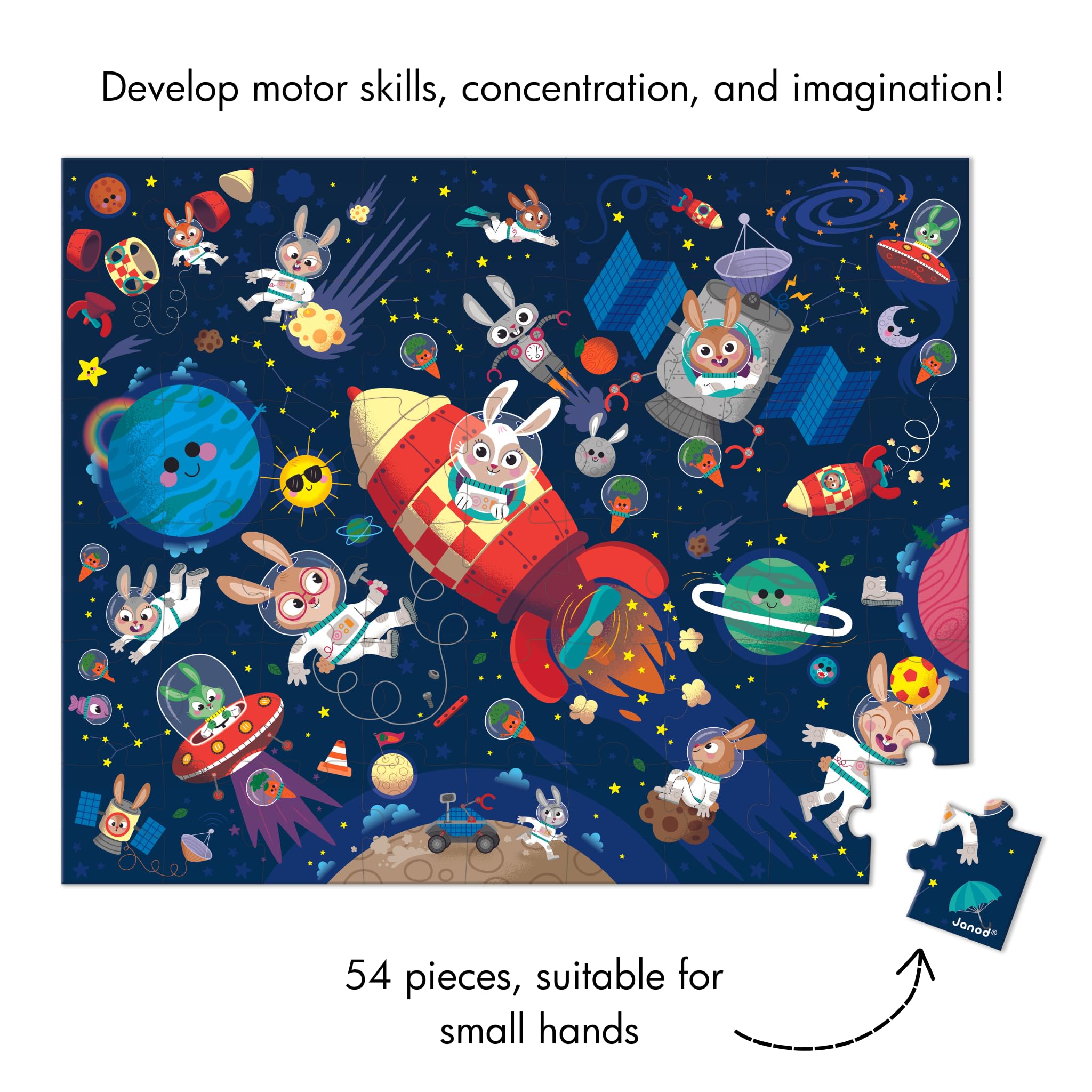 Janod 54 Pieces Children's Jigsaw Puzzle - Rocket Rabbits - Giftable Carrying Case with Fabric Handle - Ages 5-7 Years - J02557 - Image 5