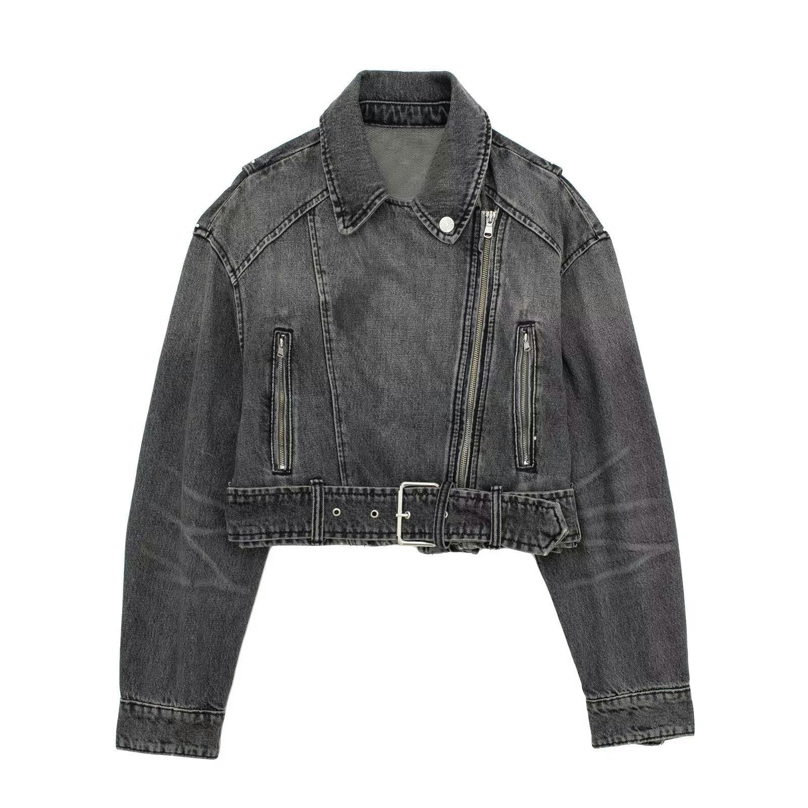 Chaqueta vaquera de motocicleta para chica, Chaqueta corta con cinturón holgado y solapa Retro para mujer, Top