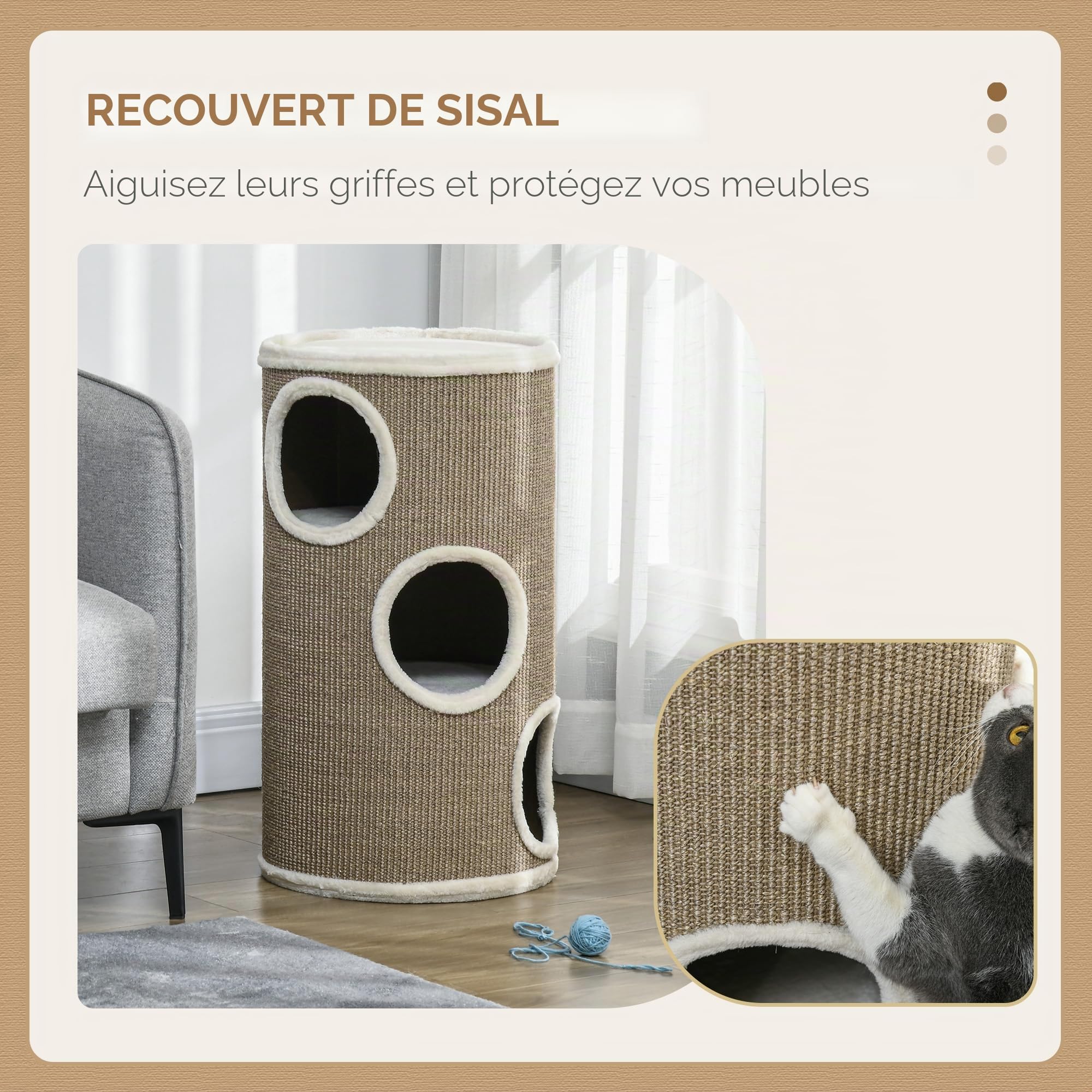 PawHut Tonneau à griffer, hauteur 70 cm, tonneau de jeu pour chats, 3 niveaux, arbre à chat avec 3 cavités, arbre à chat, tour à griffer en sisal, meuble pour chats, peluche, marron