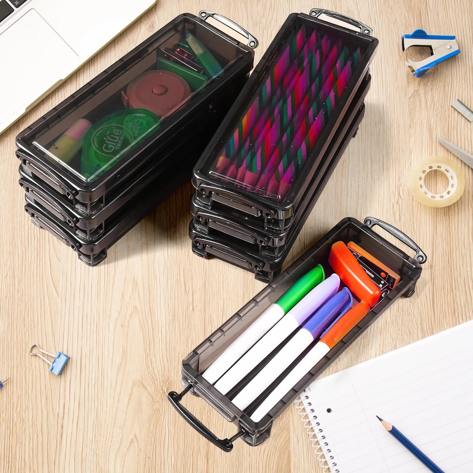 8 estuches para almacenamiento de escritorio, plástico semitransparente, diseño rectangular negro, cierres a presión, gran capacidad, apilables y compactos, para escuela, oficina y uso doméstico