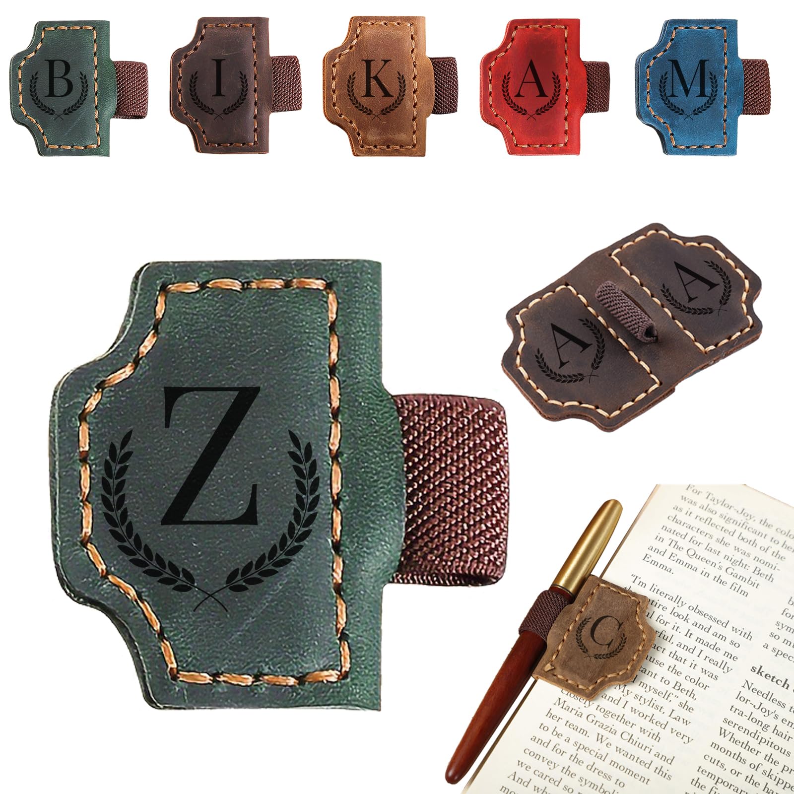 Magnetic Bookmarks with Pen Holder, 26 Letters Name Initia Personalized Leather Book Mark, Gifts for Book Lovers Readers Teacher Women Men