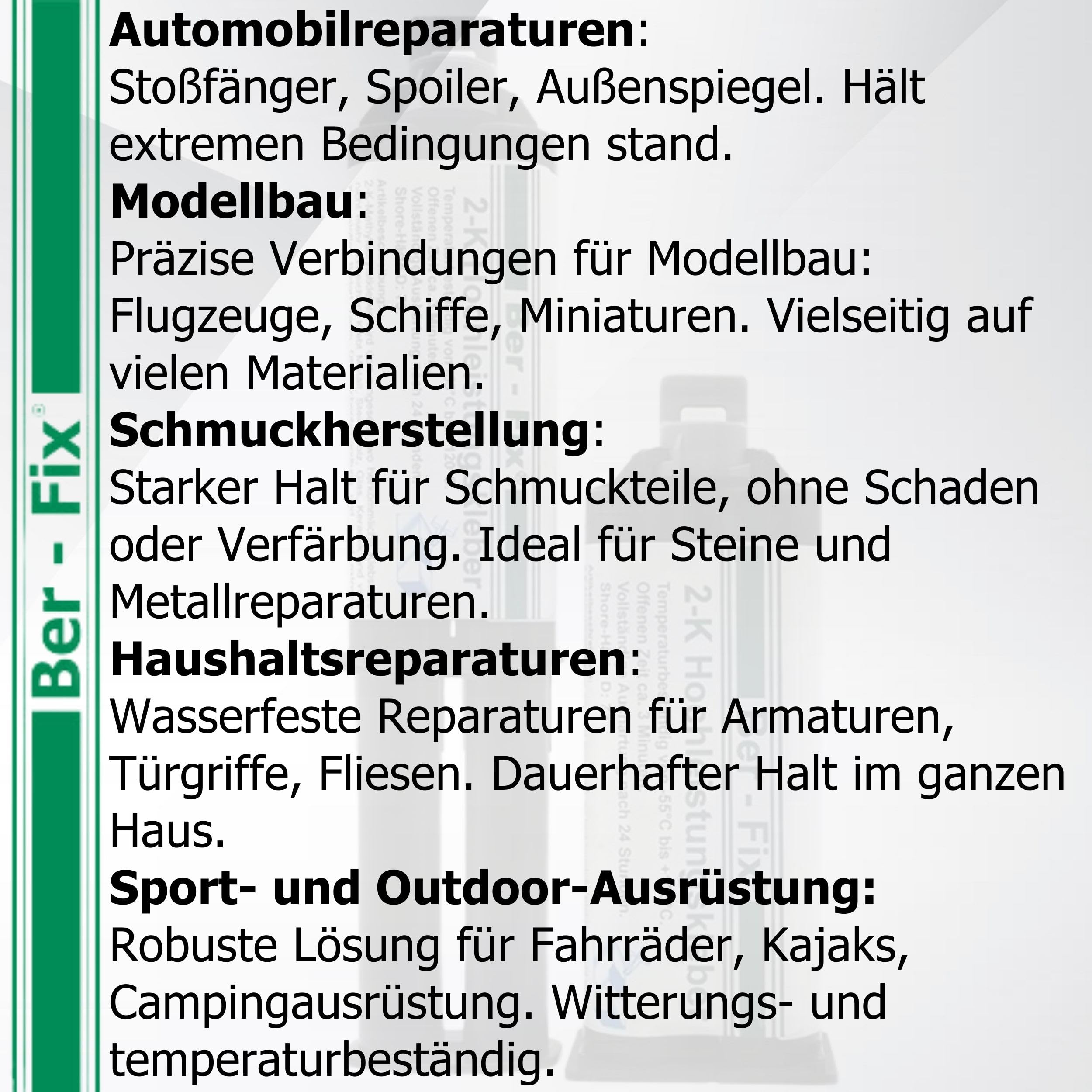 Ber-Fix Hochleistungskleber 2K MMA 30 Min 50g + 11 Düsen + Pistole | Hochleistungskleber 30 Min mit Dosierpistole und Mischdüsen für strukturstarke Reparaturen an Kunststoff