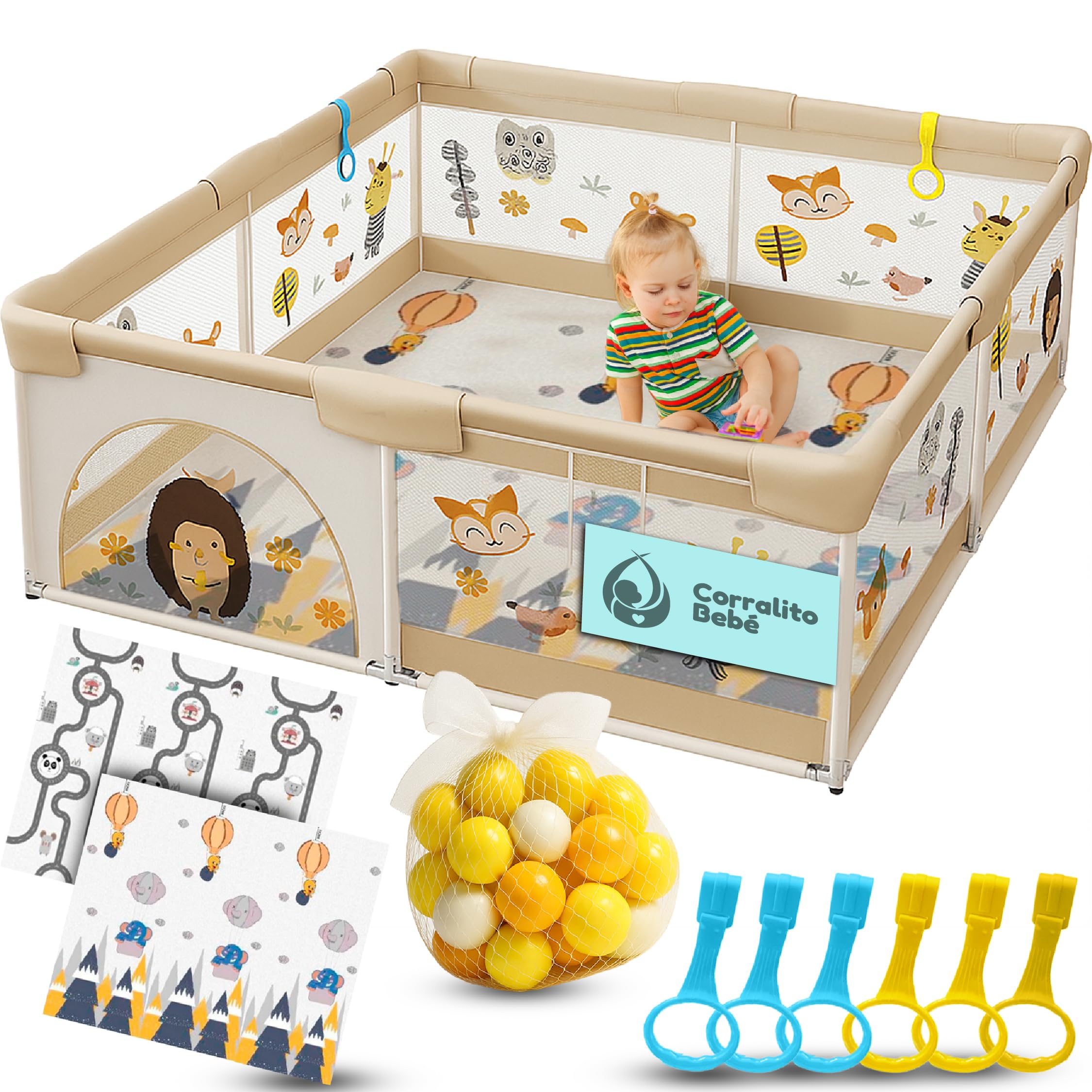 Parque Infantil Bebe + Alfombra Bebe + 60 Bolas + Agarraderas + Bolsas de Transporte – Corralito Bebe con Malla Transpirable – Parque de Juegos Bebe – Playpen Bebe (180x200 cm)