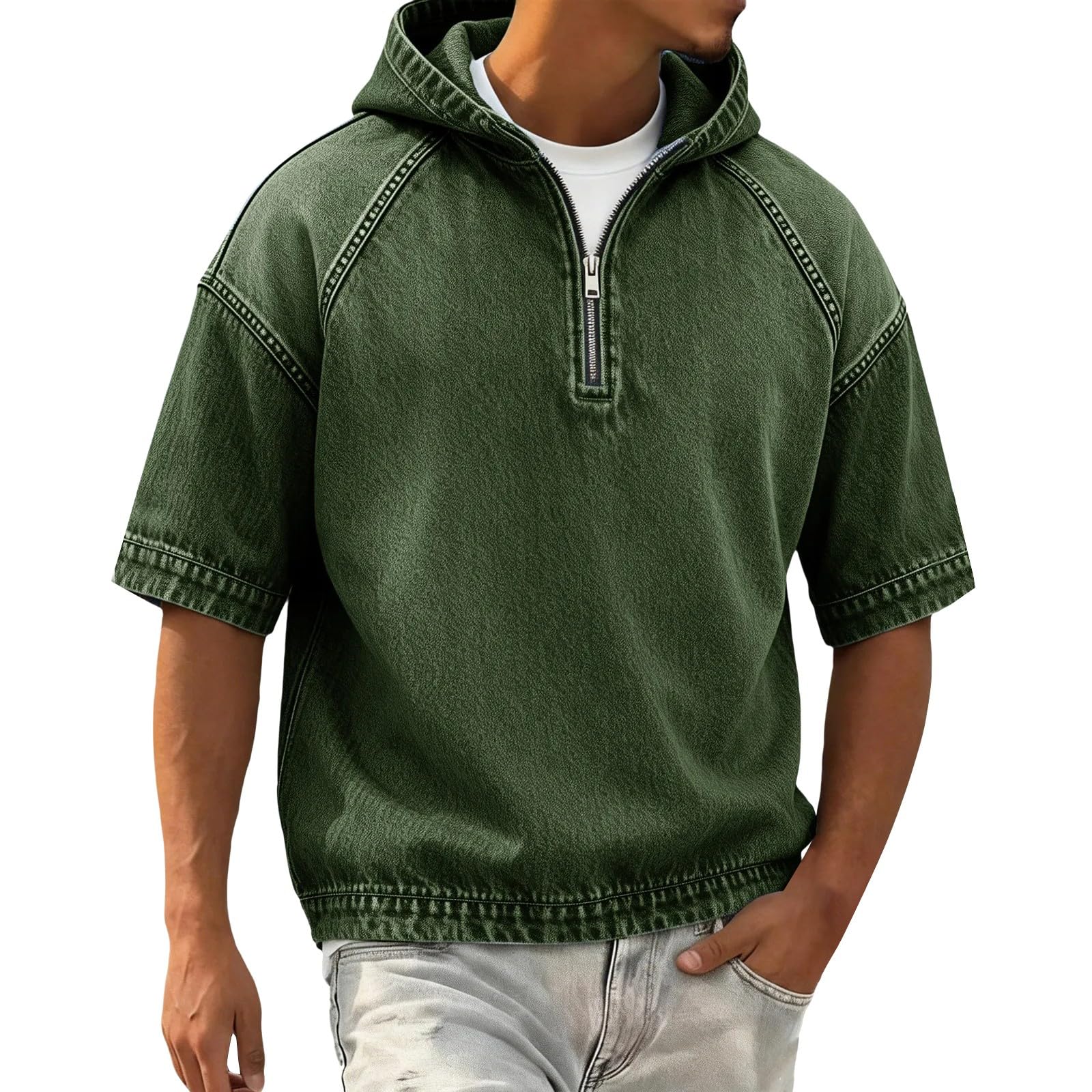 YRxUIAI - Sudadera con capucha y cremallera de un cuarto para hombre, camiseta de manga corta, vintage, lavada, desgastada, con capucha, atlética, polo de golf