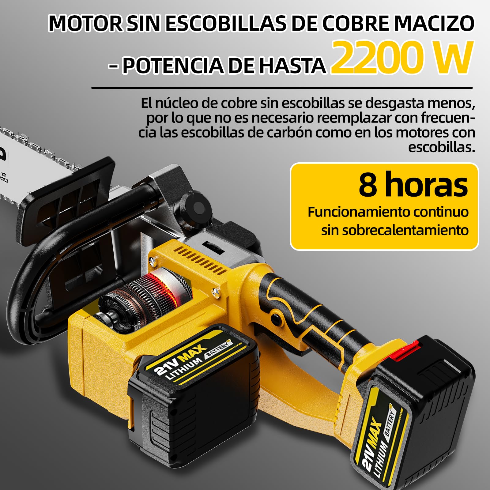 Motosierra eléctrica portátil, batería sin escobillas de 2200 W, lubricación automática de la cadena y freno de cadena, adecuado para trabajos forestales y de madera.