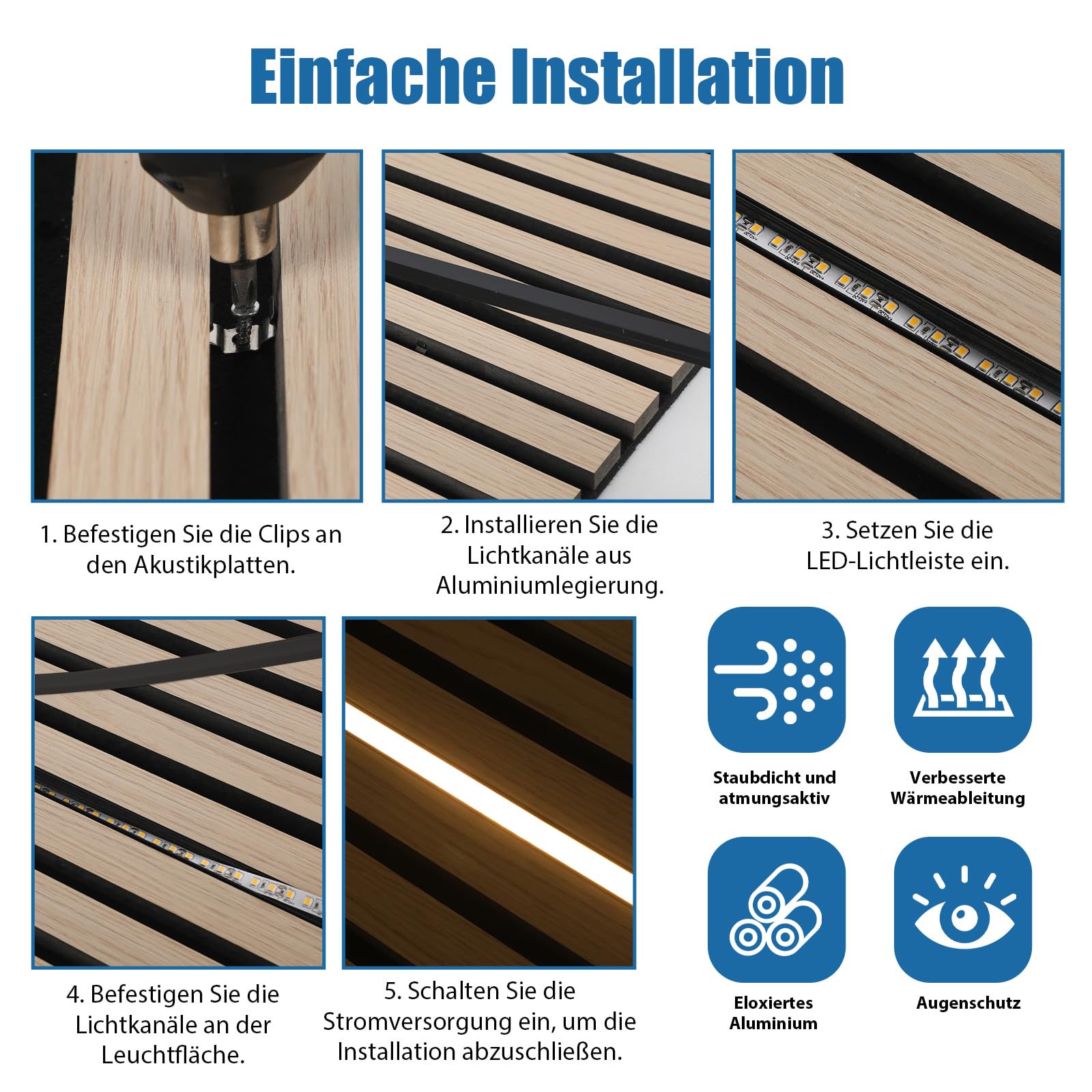 Perfil de aluminio LED, 6 × 1 m, canal en forma de U, 12 × 10 mm, para paneles acústicos con clips de montaje, tiras negras, difusor de canal, resistente al agua, cubierta para luces de neón