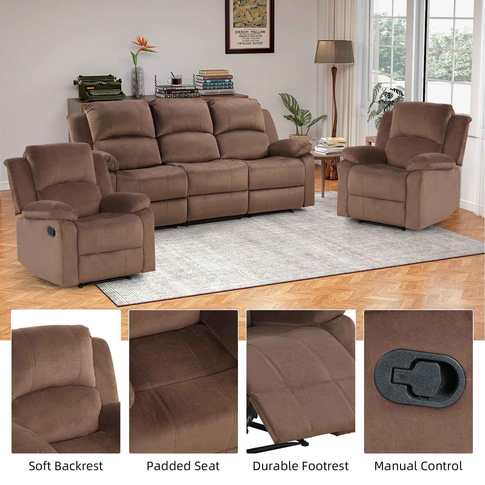 EBELLO Manual Recliner Sofa Set, Modern Microfiber Reclining Couch Furniture Set for Living Room, Includes 2 Recliner Chair and 1 3-Seater Reclining Couch for Home Theater and Office, Brown view 3