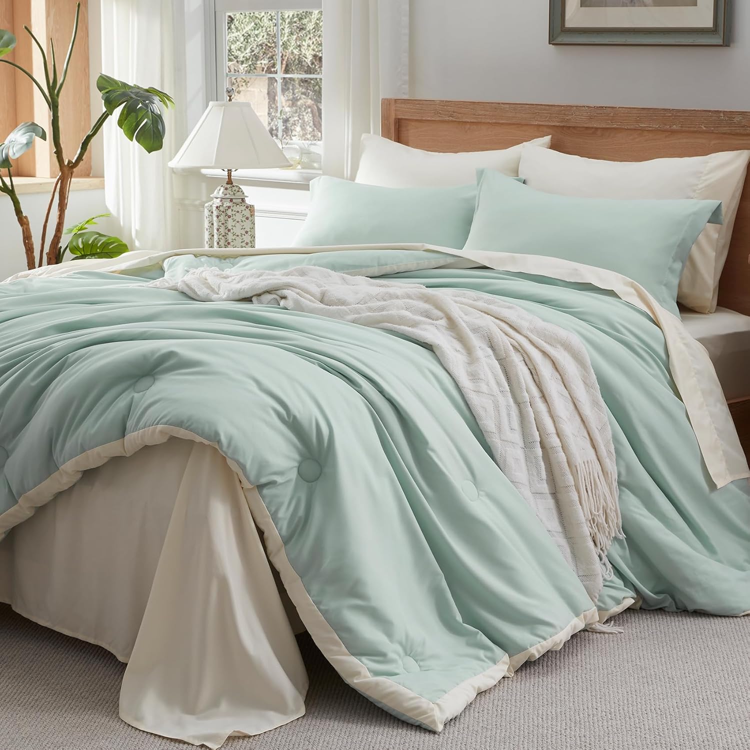 Anluoer Queen Comforter Set 7 Piece, Sage Green Bed in a