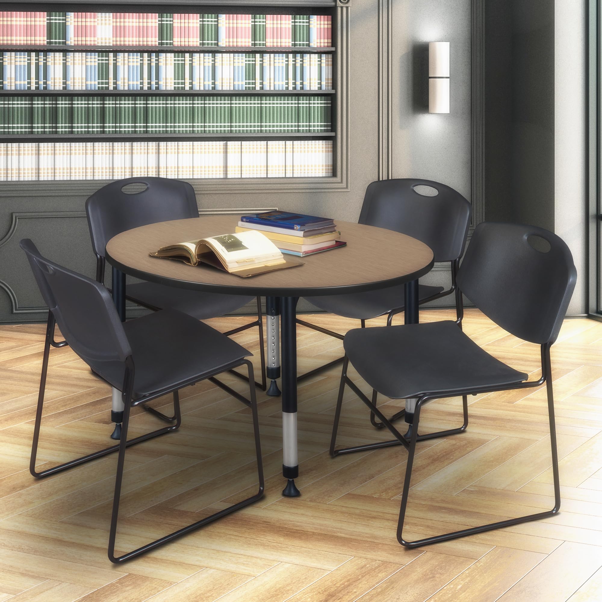 Regency Kee 48 in. Round Height Adjustable Classroom Activity Table- Noble Oak Top & Black Base