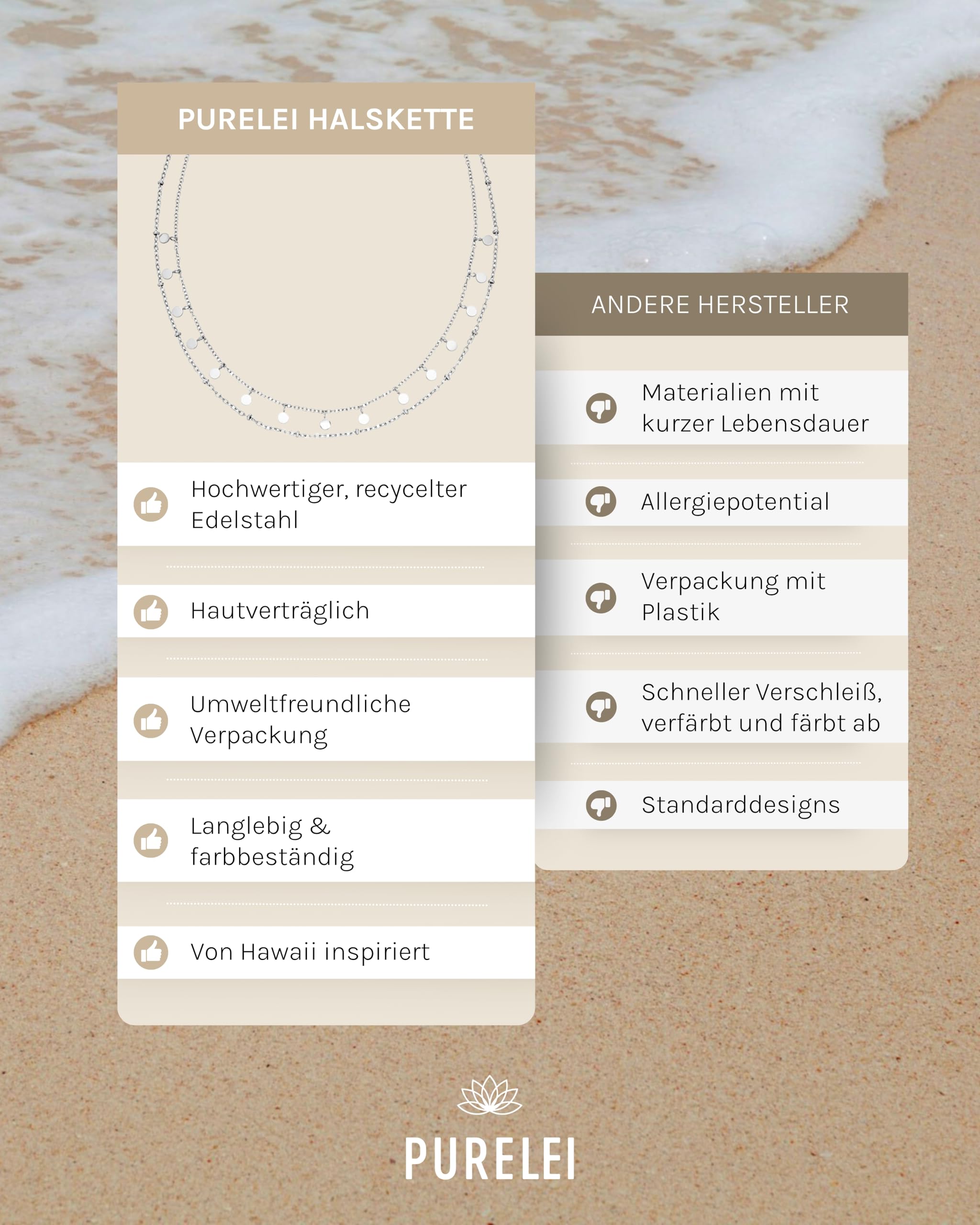 Purelei Plain Kette Damen (Hellsilber) – Halskette Damen aus langlebigem Edelstahl – Wasserfeste Kette – 40-45 cm Länge verstellbar – Halskette für deinen individuellen Look