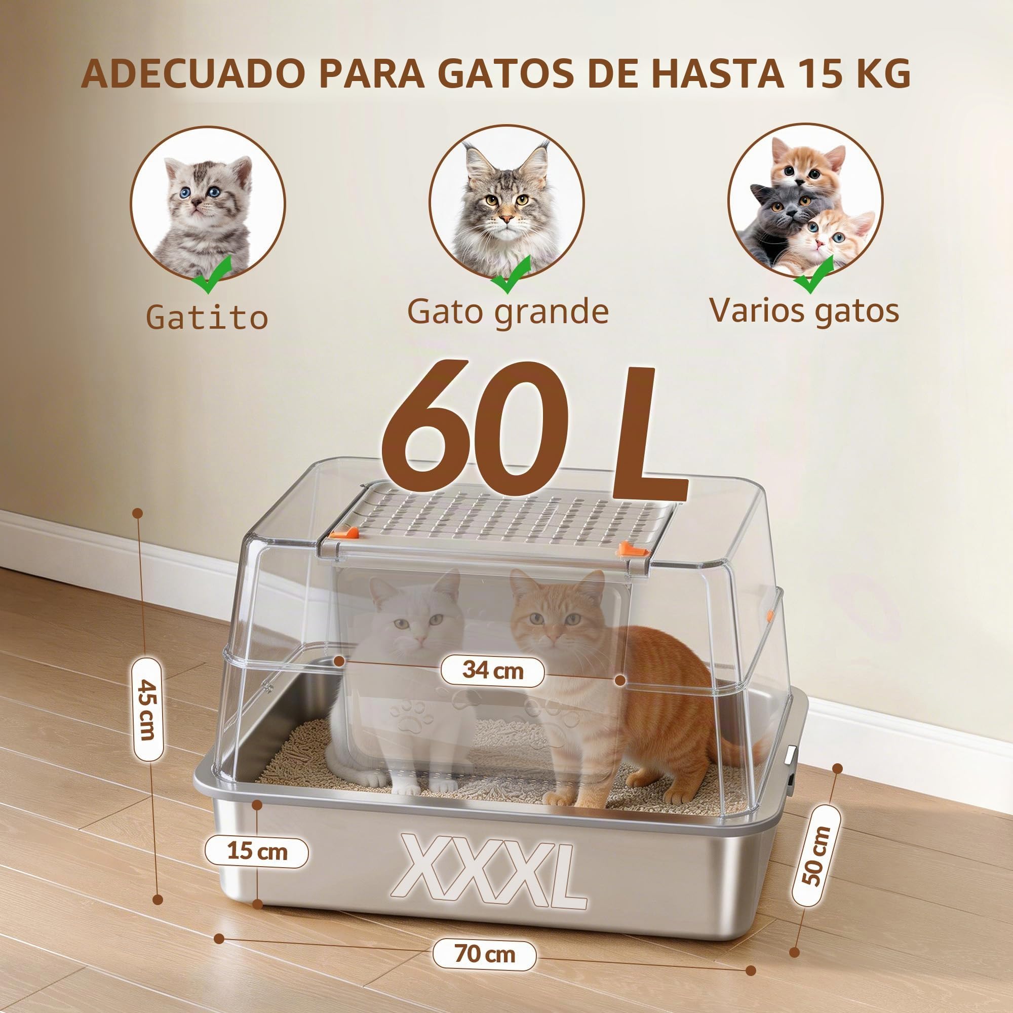 Arenero Acero Inoxidable Gatos XXXL, 70 x 50 x 45 cm, Gris Oscuro | Arenero Cerrado para Gatos con Tapa, Tapa Plegable 105°, Incluye Pedal y Pala, Fácil de Limpiar, Diseño Modular FPLB207SG2