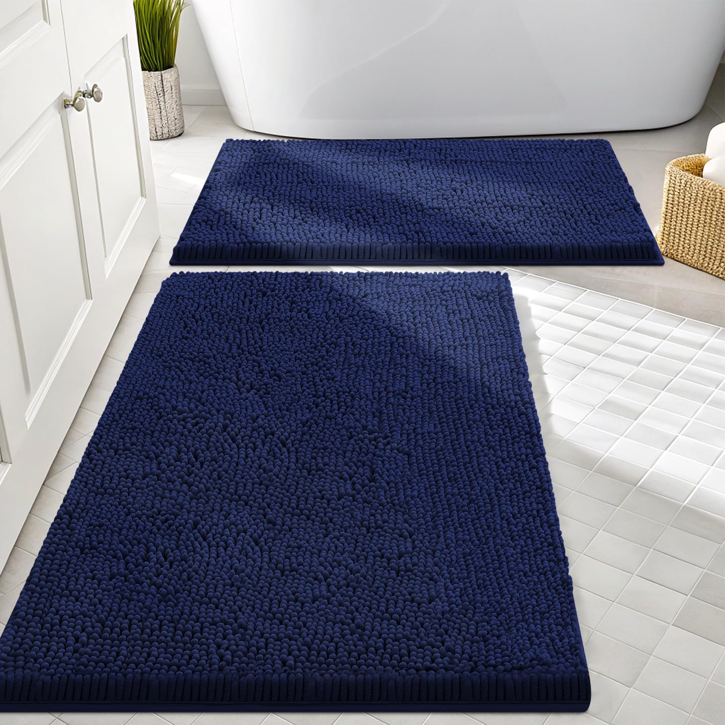 Smiry Bathroom Rugs Sets 2 Piece, Soft Absorbent Chenille Machine Washable Non Slip Shaggy Bath Rug Set for Tub, Shower, and Floor (30x20+24x16, Navy