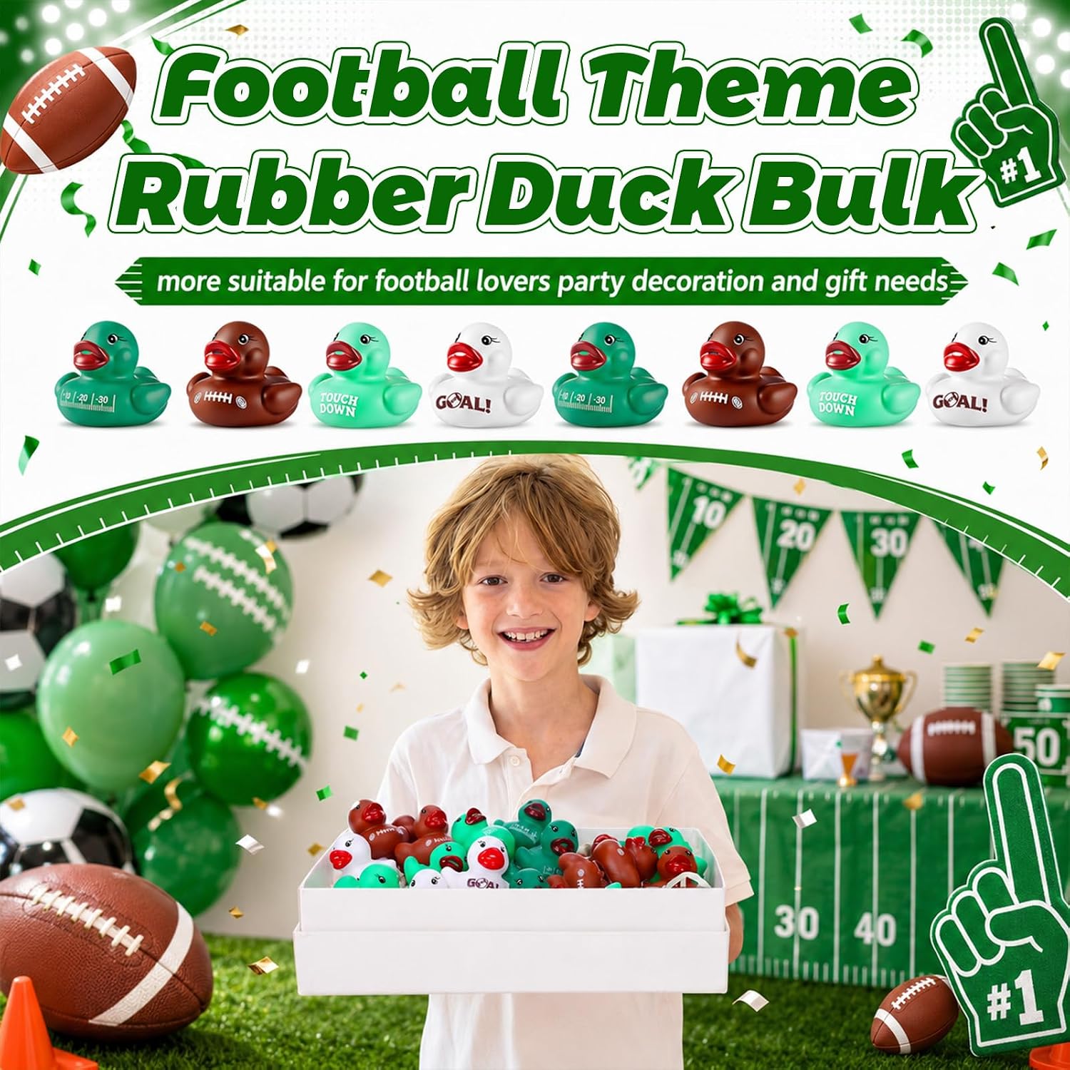 Gejoy 100 Pcs Football Rubber Ducks Bulk, Sports Theme,Football | Mini Duckies in 4 Designs, Game Day Prizes and Team Rewards, Party Favors for Sports Events and Classroom Treats