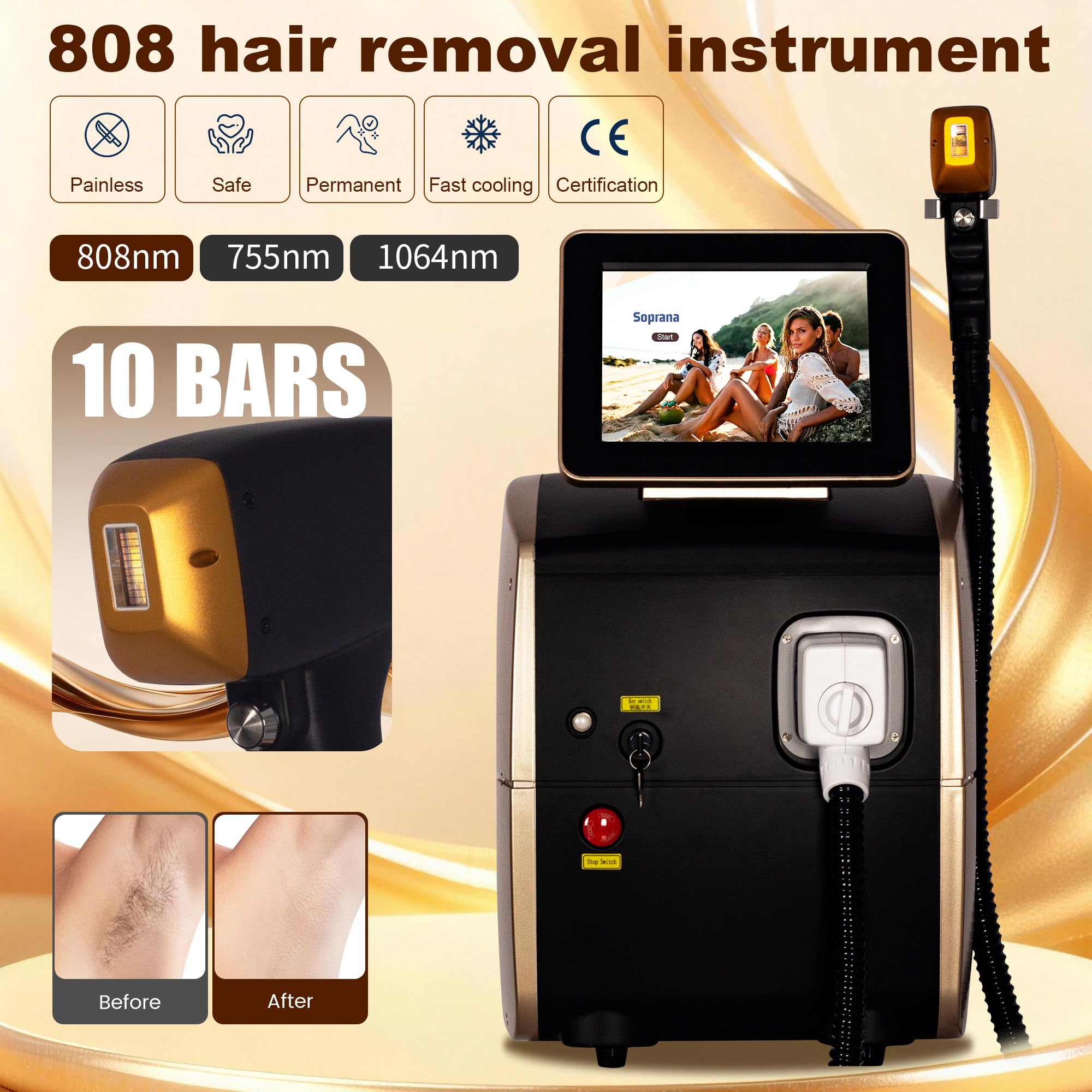 10 Bars, Epilazione laser a diodo 755nm/808nm/1064nm Epilazione indolore | Epilazione permanente Rimuovere i peli superflui da tutto il corpo Uso personale e commerciale