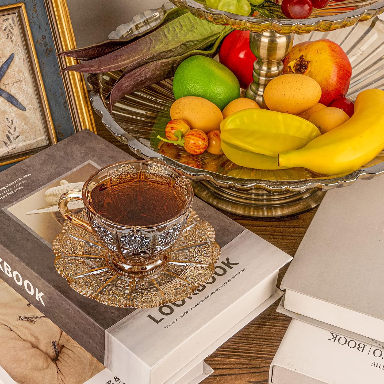 Linkidea Glass Tea Cups with Saucers Set of 4, Vintage Coffee Cup 6oz with Embossed Glassware Flower and Saucer, Glass Tea Cups for Adult Tea Family Friends (Amber)