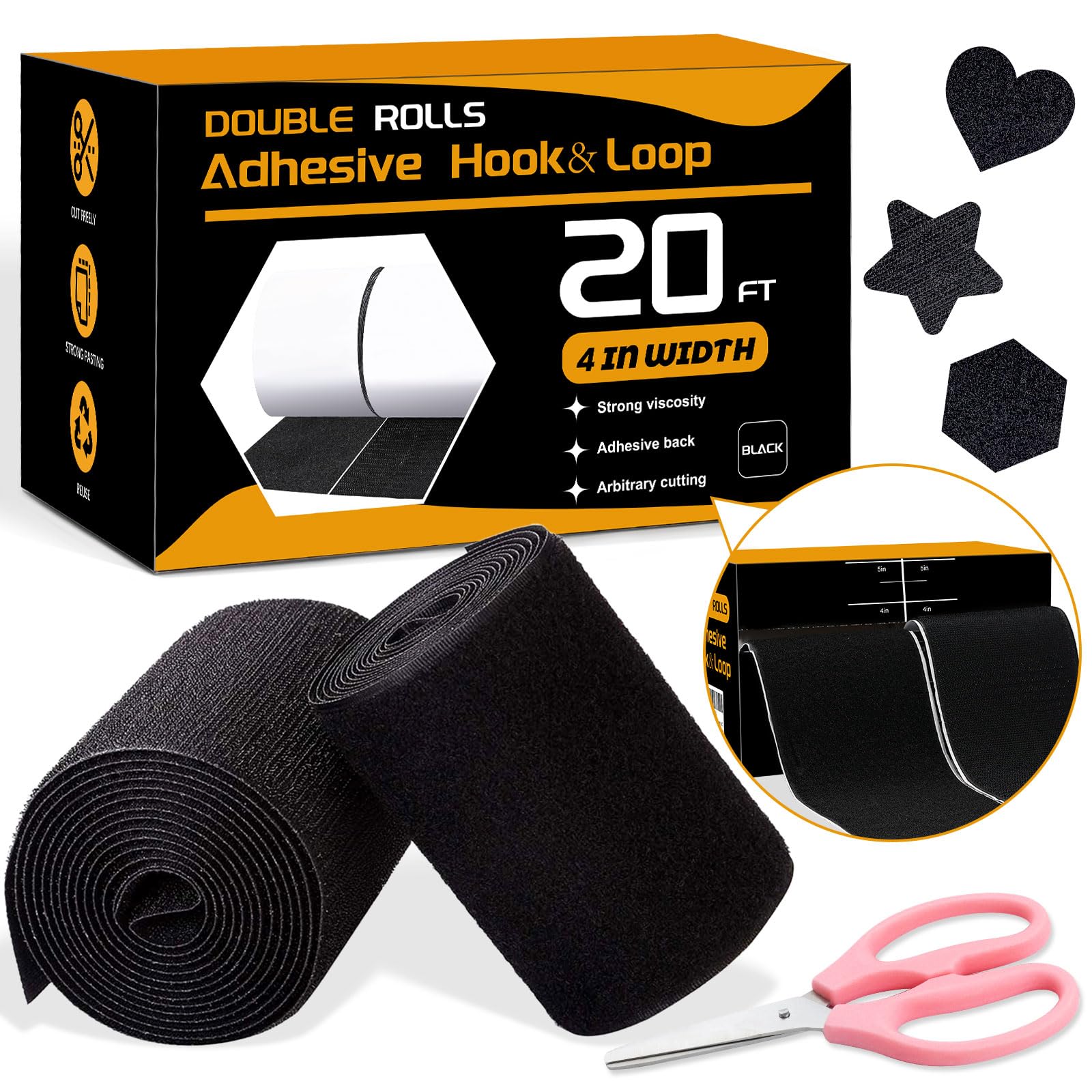 Cinta adhesiva de velcro de 20 pies x 4 pulgadas con parte trasera adhesiva de fuerte viscosidad para telas, cinta autoadhesiva de nailon para el hogar, oficina, escuela y manualidades, 2 rollos