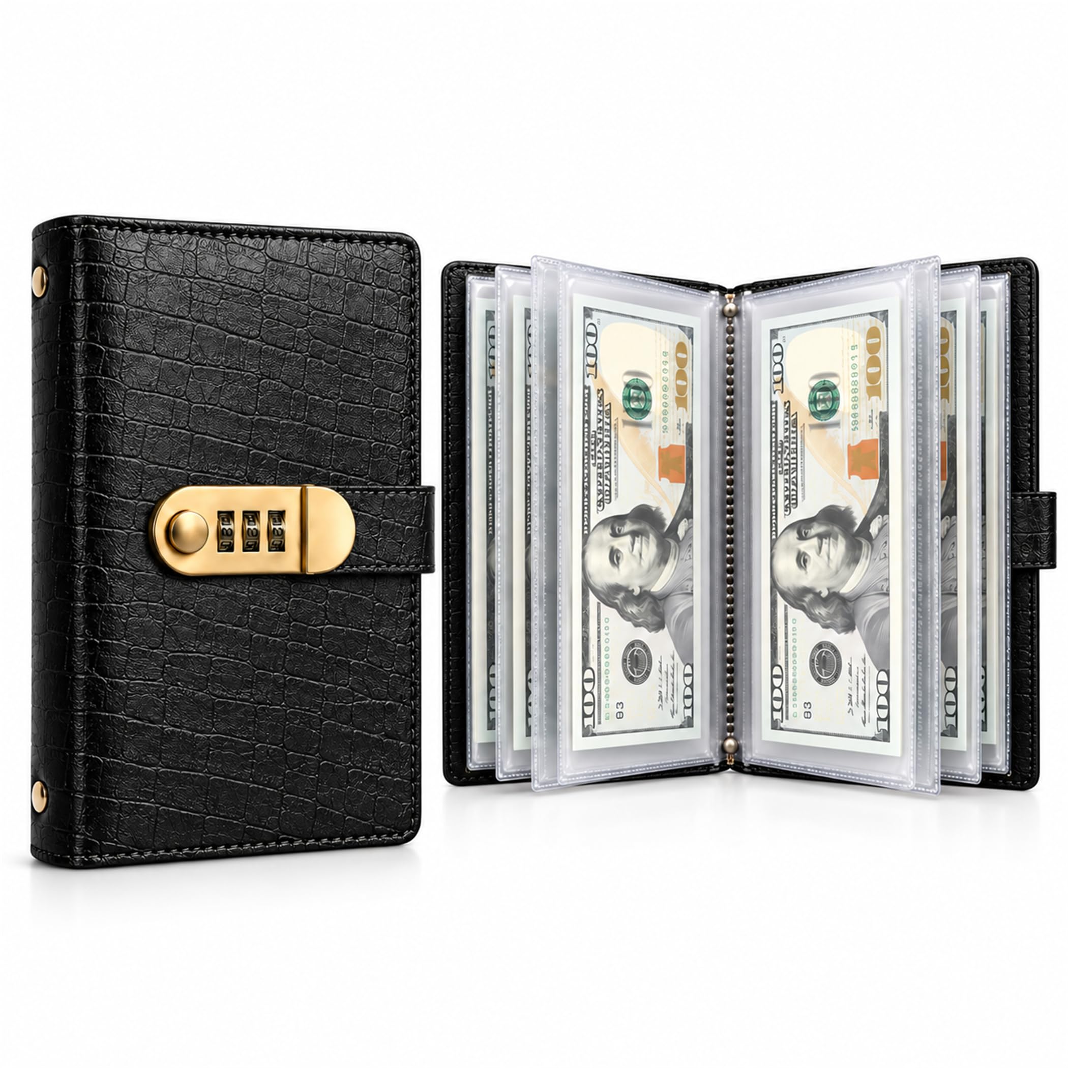 Lockable Savings Notebook, 100 Envelopes Money Saving Challenge Binder (Black)