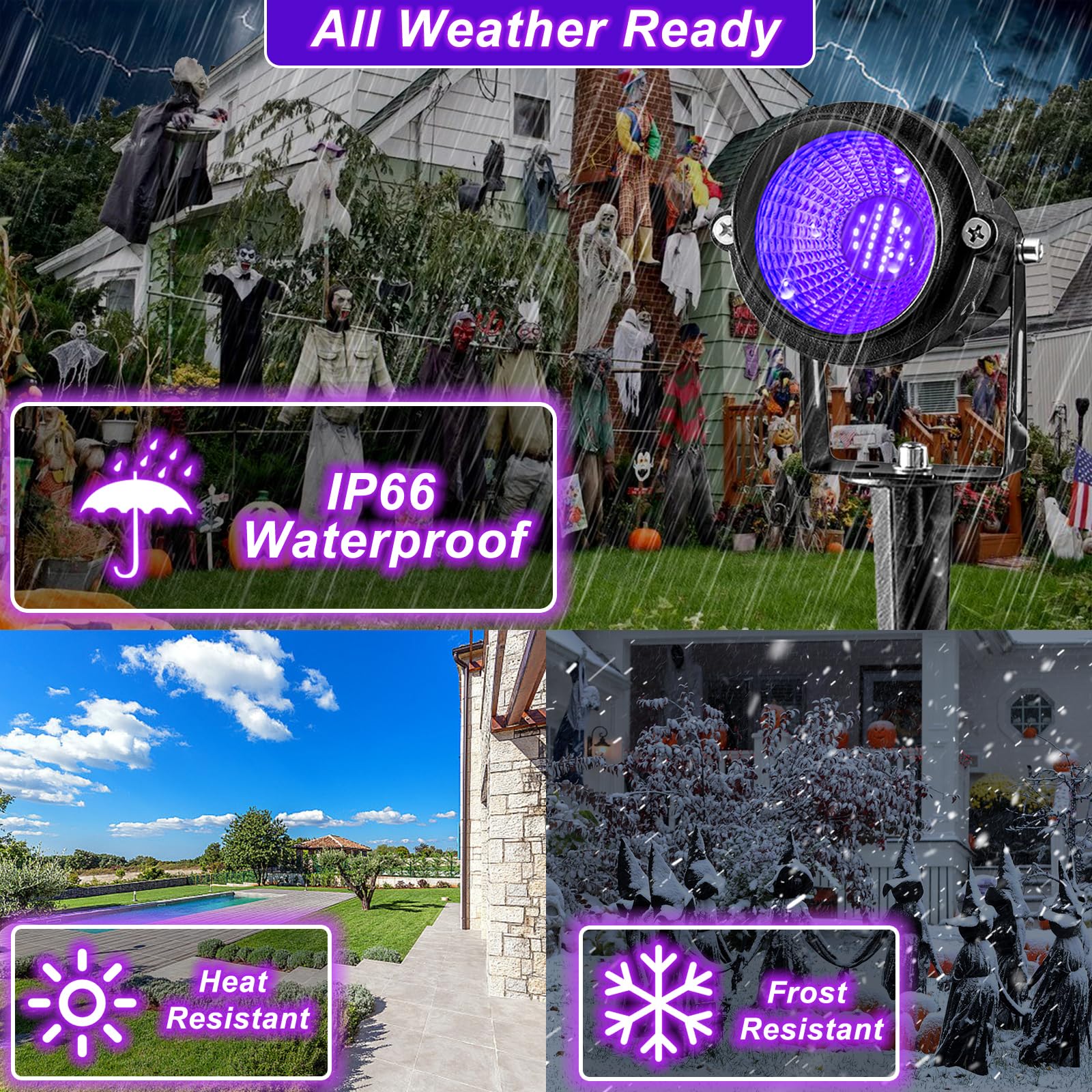 12W Black Light Spotlights 2-Pack - IP66 Waterproof UV Lights For Halloween & Parties