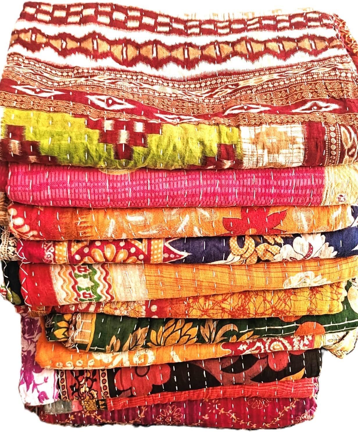 Indian Wholesale Handmade Cotton Kantha Quilts Vintage Bed Cover Rally Throw Old Sari Made Assorted Color Patchwork Blanket Reversible Tribal Boho Bedding Bedspread Gudri Twin Size