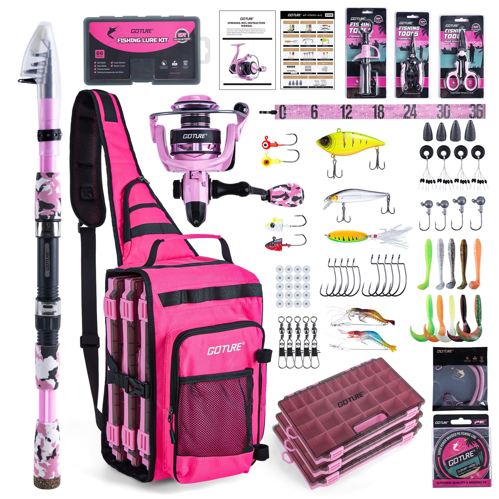 Goture Pink Fishing Rod and Reel Combos with 20L Sling Bag, Telescopic Pole Spinning Reel Lures 3 Tackle Boxes Set, Telescopic Fishing Rod Fishing Kit for Travel Saltwater Freshwater 1.8M A1
